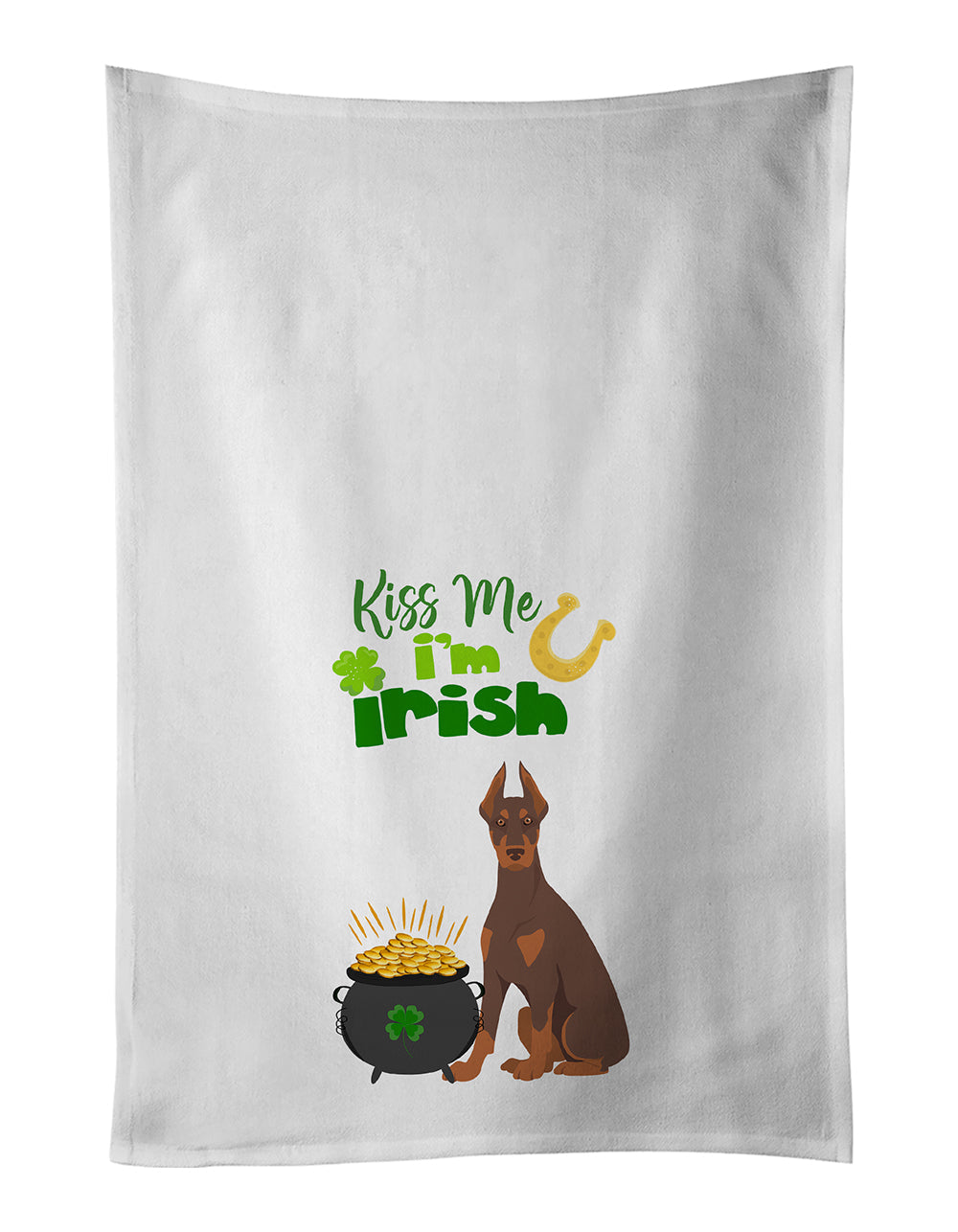 Red and Tan Doberman Pinscher St. Patrick's Day Kitchen Towel Set of 2 White Dish Towels Decorative Bathroom Hand towel for Hand, Face, Hair, Yoga, Tea, Dishcloth, 19 X 28", White