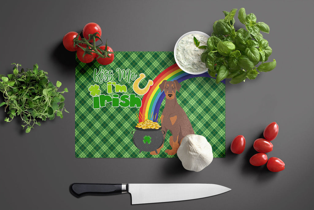 Natural Ear Red and Tan Doberman Pinscher St. Patrick's Day Cutting Board Tempered Glass Kitchen Cutting Surface, Heat Resistant Chopping, Non-Slip Feet, Food Prep & Serving