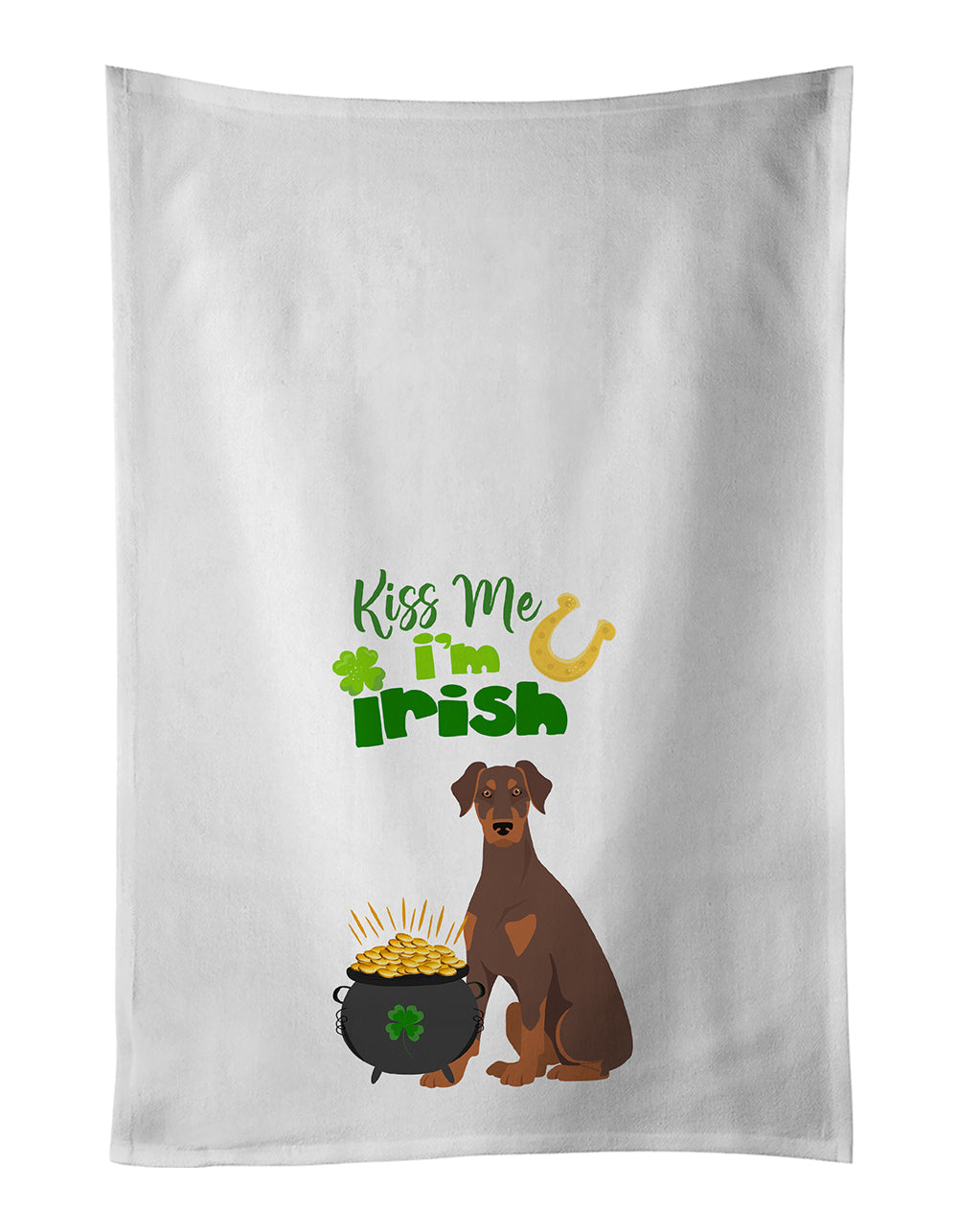 Natural Ear Red and Tan Doberman Pinscher St. Patrick's Day Kitchen Towel Set of 2 White Dish Towels Decorative Bathroom Hand towel for Hand, Face, Hair, Yoga, Tea, Dishcloth, 19 X 28", White
