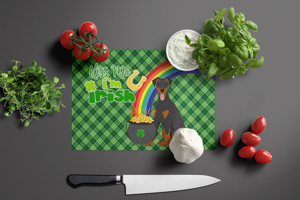 Natural Ear Black and Tan Doberman Pinscher St. Patrick's Day Cutting Board Tempered Glass Kitchen Cutting Surface, Heat Resistant Chopping, Non-Slip Feet, Food Prep & Serving