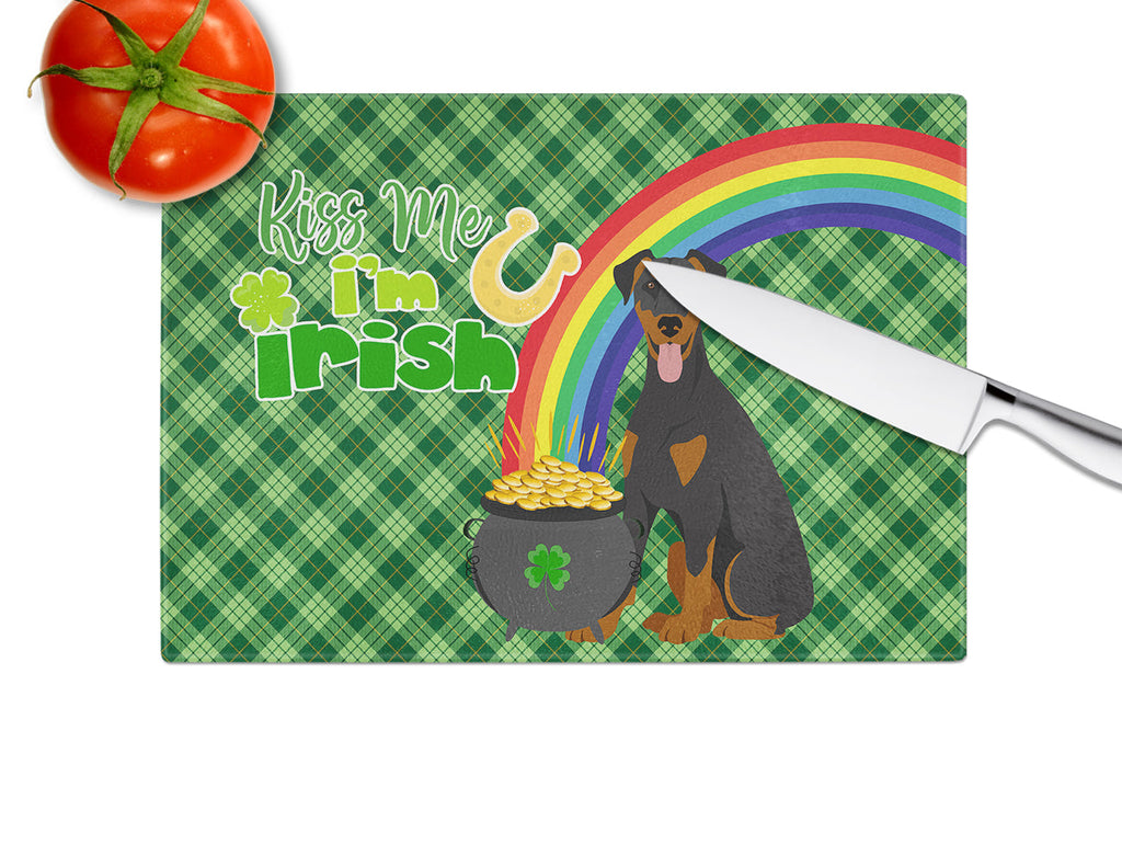 Natural Ear Black and Tan Doberman Pinscher St. Patrick's Day Cutting Board Tempered Glass Kitchen Cutting Surface, Heat Resistant Chopping, Non-Slip Feet, Food Prep & Serving