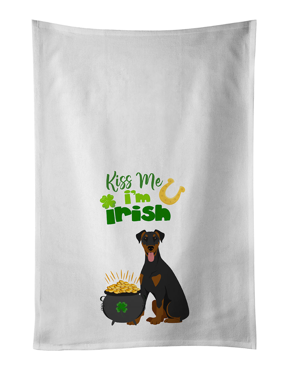 Natural Ear Black and Tan Doberman Pinscher St. Patrick's Day Kitchen Towel Set of 2 White Dish Towels Decorative Bathroom Hand towel for Hand, Face, Hair, Yoga, Tea, Dishcloth, 19 X 28", White