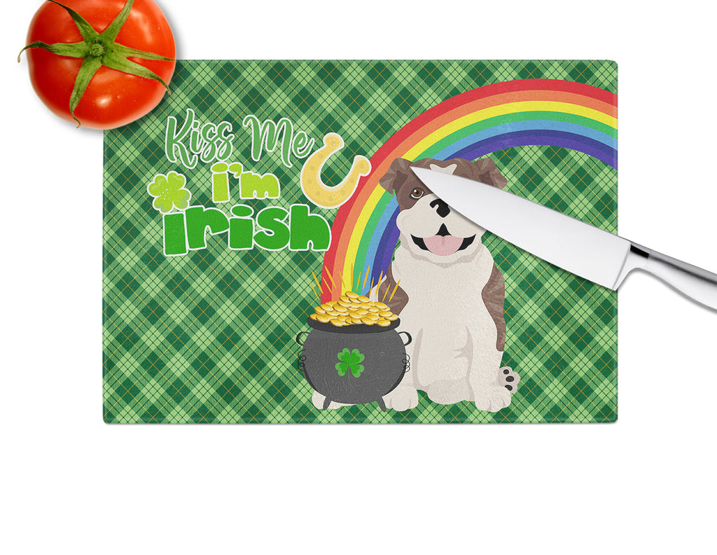 Brindle English Bulldog St. Patrick's Day Cutting Board Tempered Glass Kitchen Cutting Surface, Heat Resistant Chopping, Non-Slip Feet, Food Prep & Serving