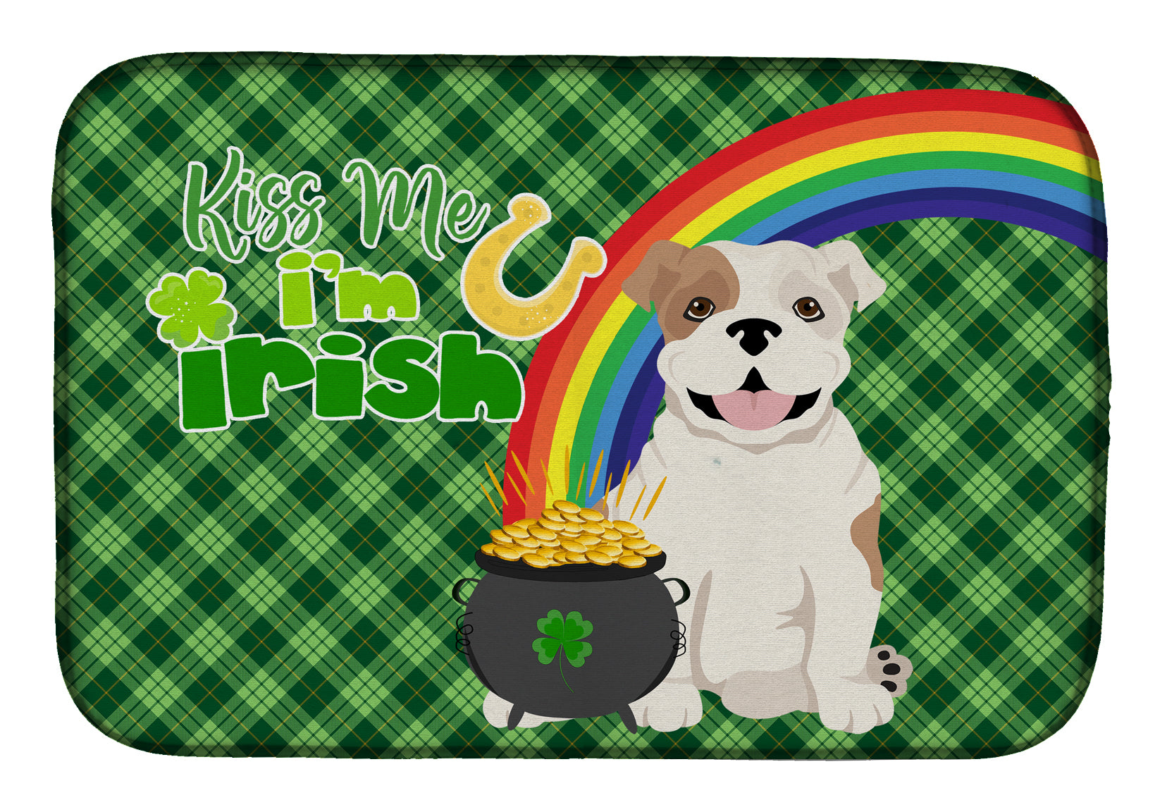 Piebald English Bulldog St. Patrick's Day Dish Drying Mat Absorbent Dish Drying Mat Pad for Kitchen Counter Dish Drainer Mat for Countertop, 14 x 21", Multicolor