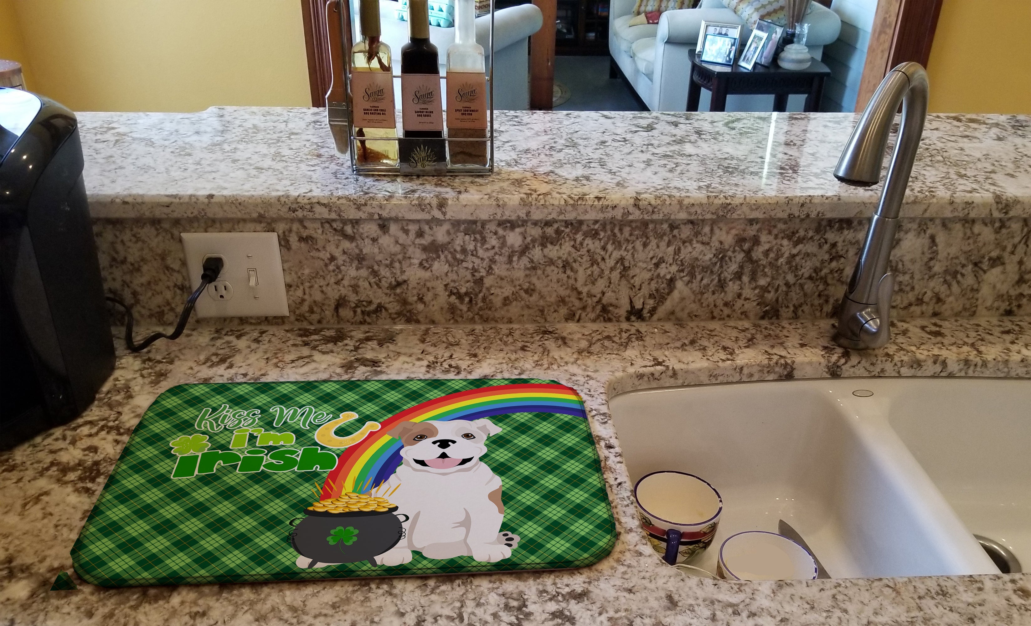 Piebald English Bulldog St. Patrick's Day Dish Drying Mat Absorbent Dish Drying Mat Pad for Kitchen Counter Dish Drainer Mat for Countertop, 14 x 21", Multicolor