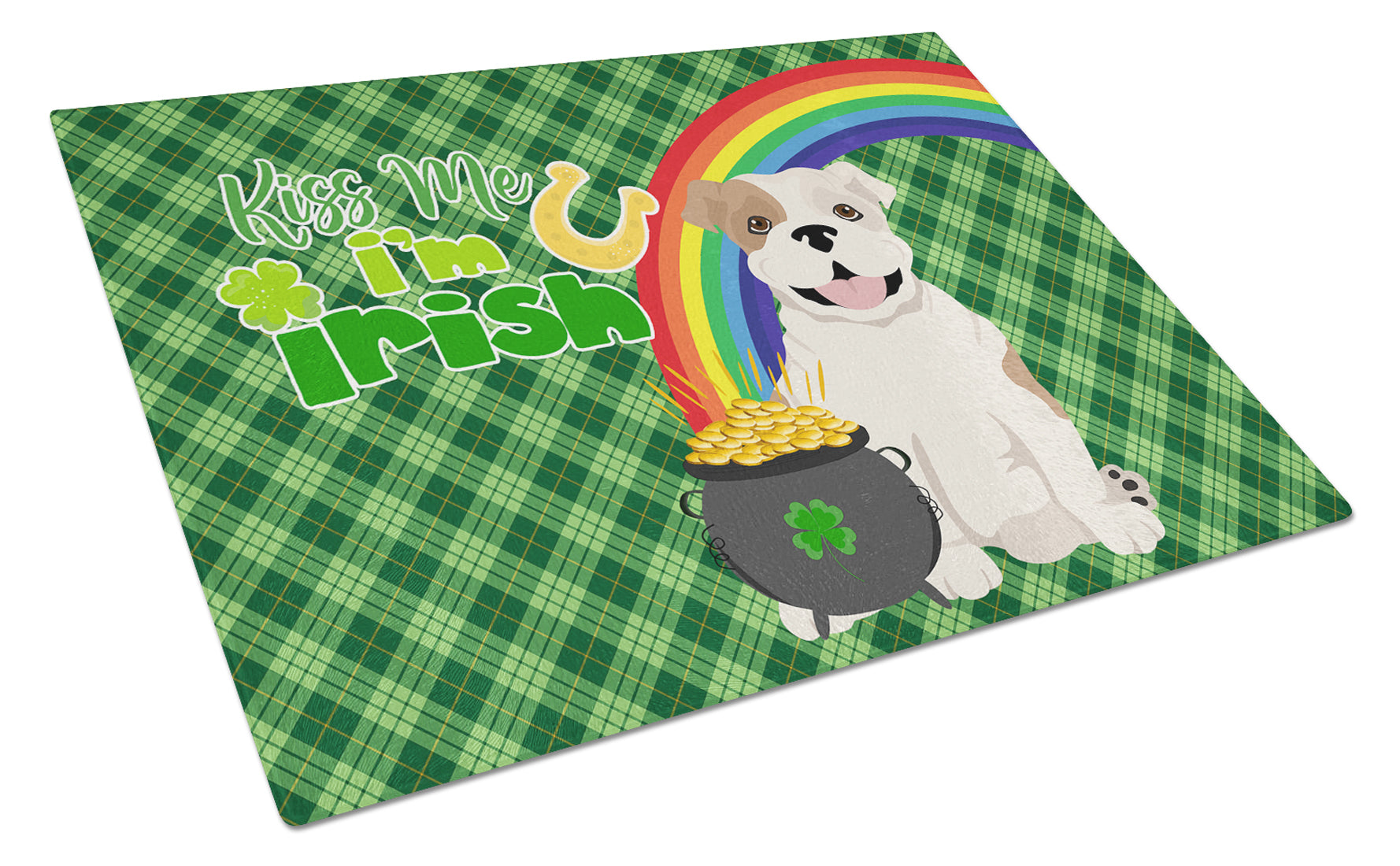 Piebald English Bulldog St. Patrick's Day Cutting Board Tempered Glass Kitchen Cutting Surface, Heat Resistant Chopping, Non-Slip Feet, Food Prep & Serving