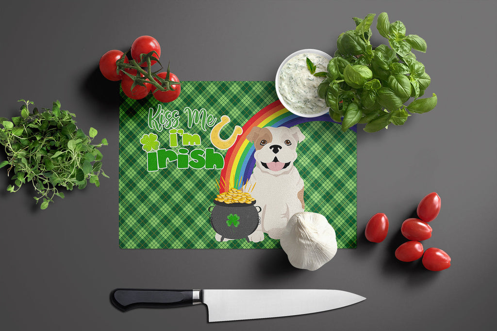 Piebald English Bulldog St. Patrick's Day Cutting Board Tempered Glass Kitchen Cutting Surface, Heat Resistant Chopping, Non-Slip Feet, Food Prep & Serving