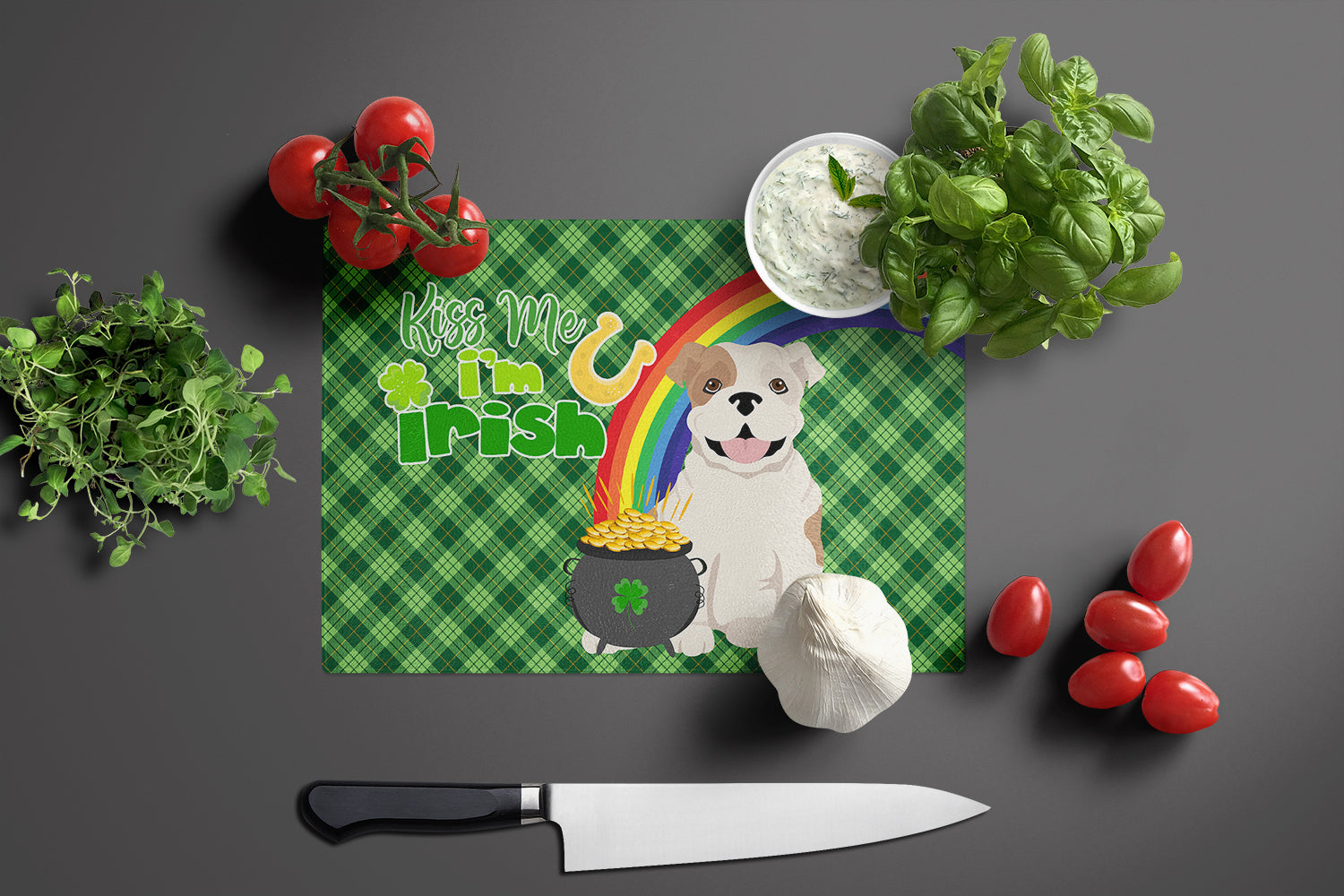 Piebald English Bulldog St. Patrick's Day Cutting Board Tempered Glass Kitchen Cutting Surface, Heat Resistant Chopping, Non-Slip Feet, Food Prep & Serving