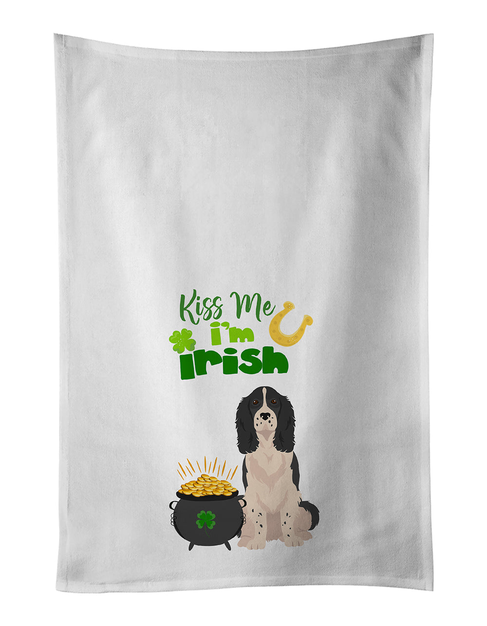 Black English Springer Spaniel St. Patrick's Day Kitchen Towel Set of 2 White Dish Towels Decorative Bathroom Hand towel for Hand, Face, Hair, Yoga, Tea, Dishcloth, 19 X 28", White