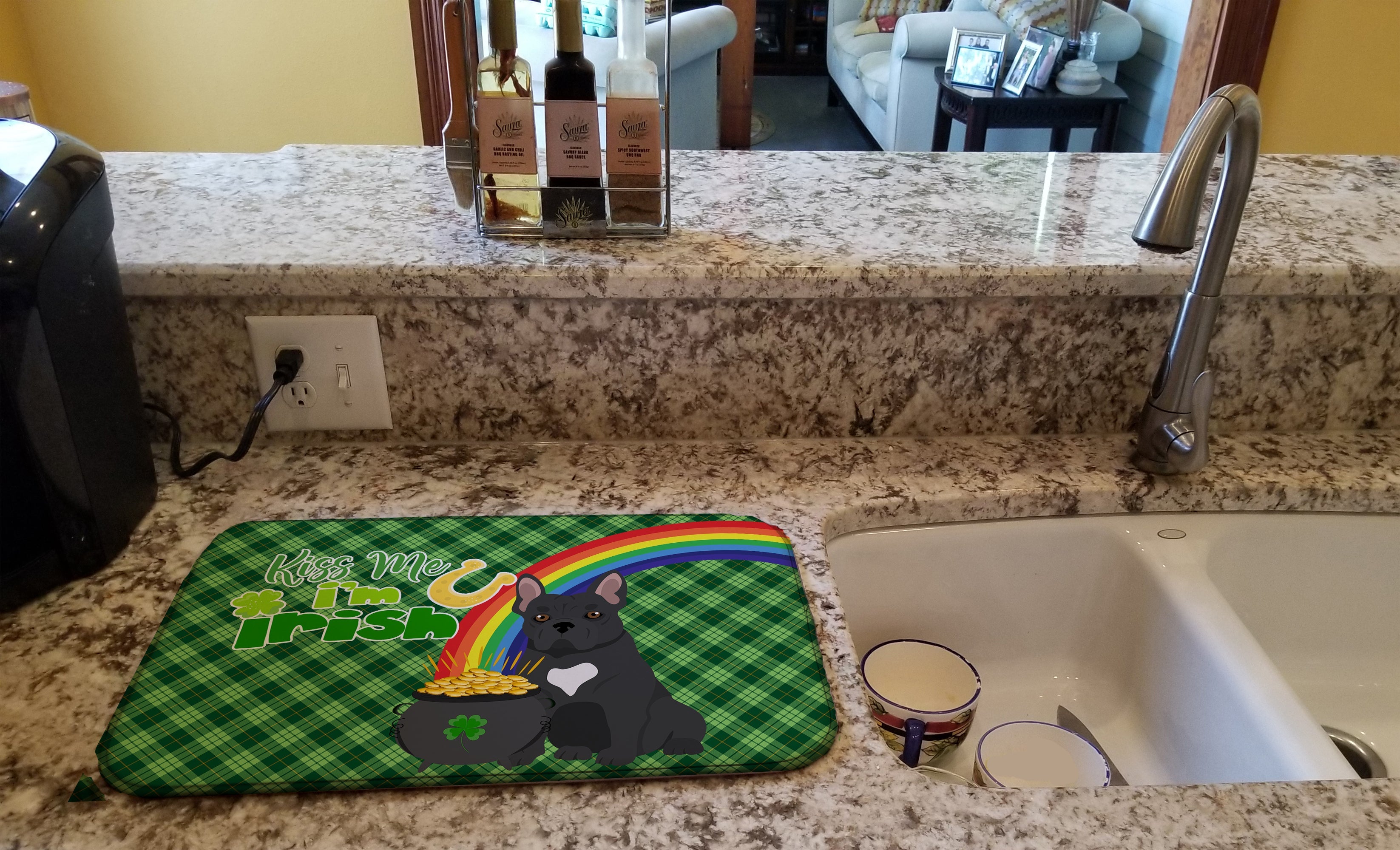 Black French Bulldog St. Patrick's Day Dish Drying Mat Absorbent Dish Drying Mat Pad for Kitchen Counter Dish Drainer Mat for Countertop, 14 x 21", Multicolor