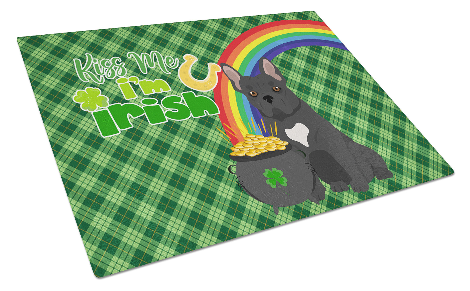 Black French Bulldog St. Patrick's Day Cutting Board Tempered Glass Kitchen Cutting Surface, Heat Resistant Chopping, Non-Slip Feet, Food Prep & Serving
