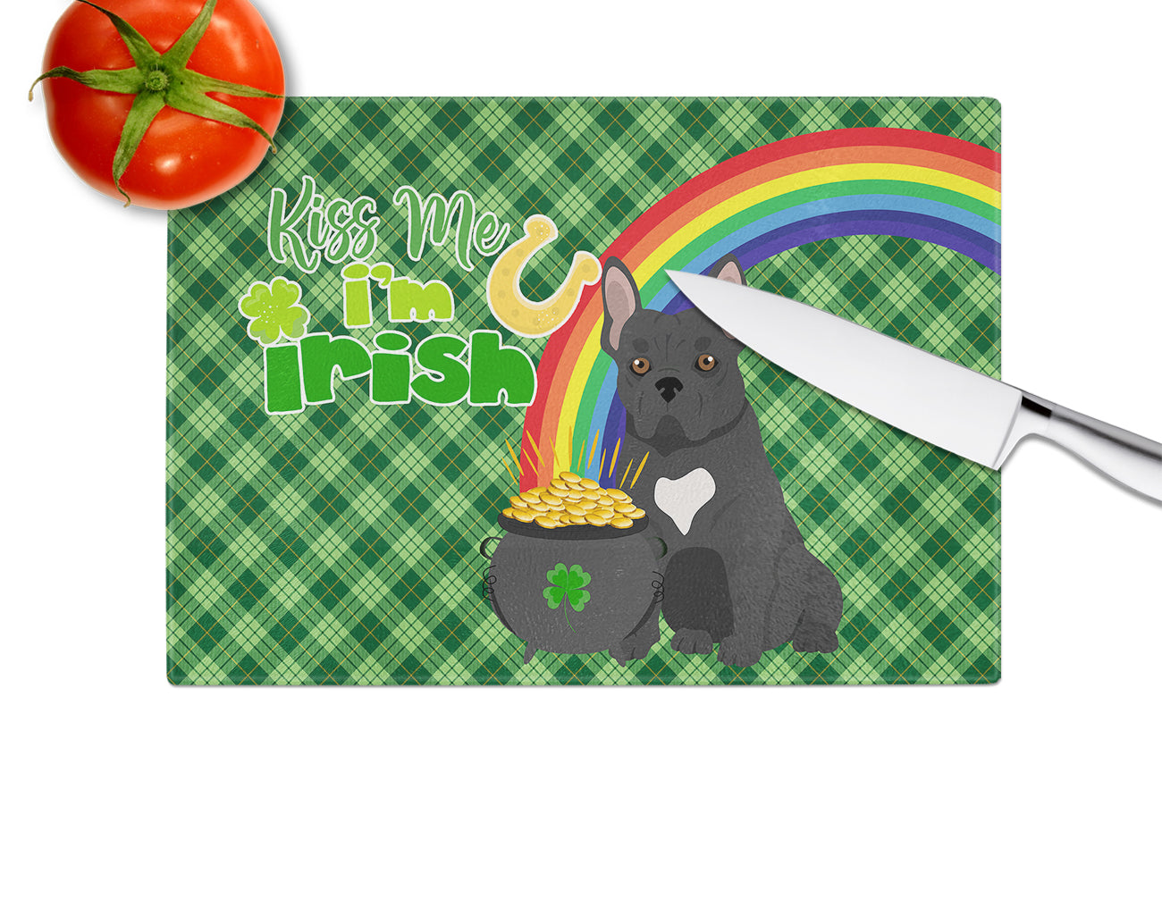 Black French Bulldog St. Patrick's Day Cutting Board Tempered Glass Kitchen Cutting Surface, Heat Resistant Chopping, Non-Slip Feet, Food Prep & Serving