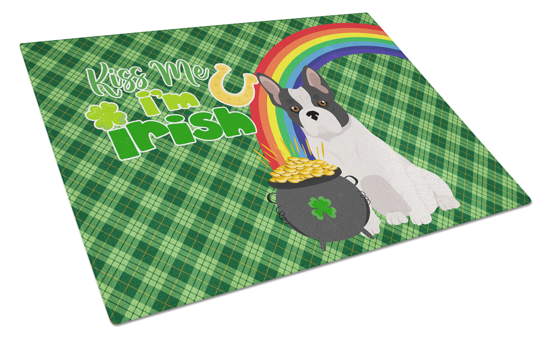 Black and White French Bulldog St. Patrick's Day Cutting Board Tempered Glass Kitchen Cutting Surface, Heat Resistant Chopping, Non-Slip Feet, Food Prep & Serving