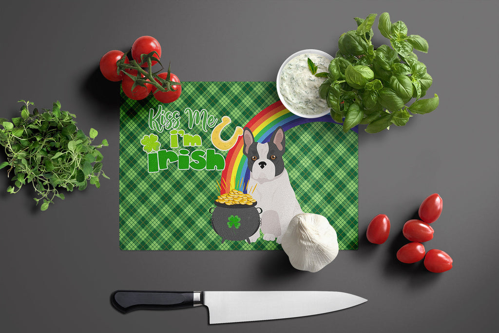 Black and White French Bulldog St. Patrick's Day Cutting Board Tempered Glass Kitchen Cutting Surface, Heat Resistant Chopping, Non-Slip Feet, Food Prep & Serving