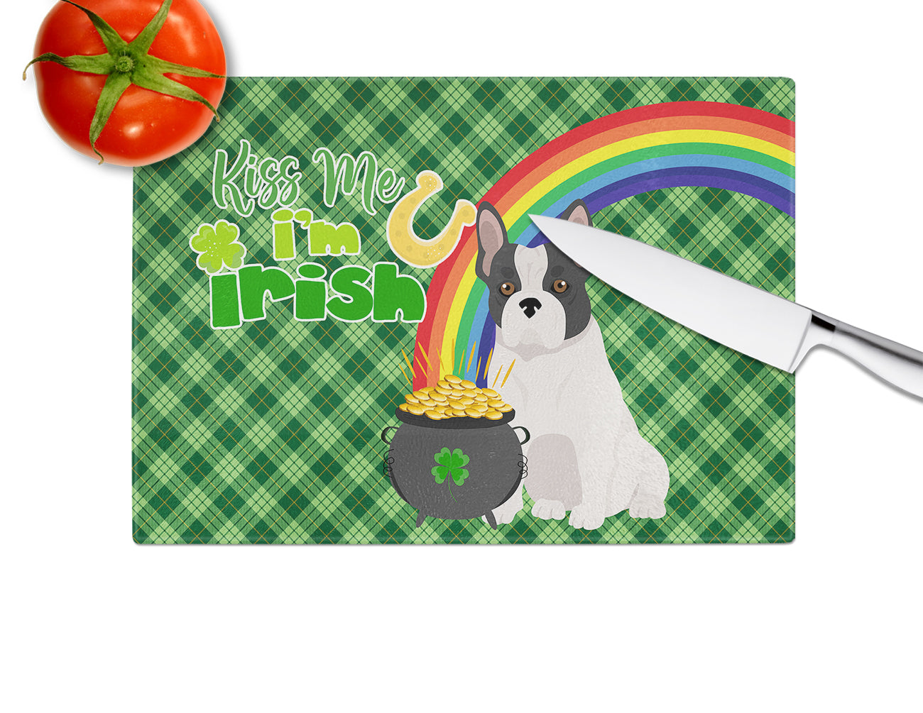 Black and White French Bulldog St. Patrick's Day Cutting Board Tempered Glass Kitchen Cutting Surface, Heat Resistant Chopping, Non-Slip Feet, Food Prep & Serving