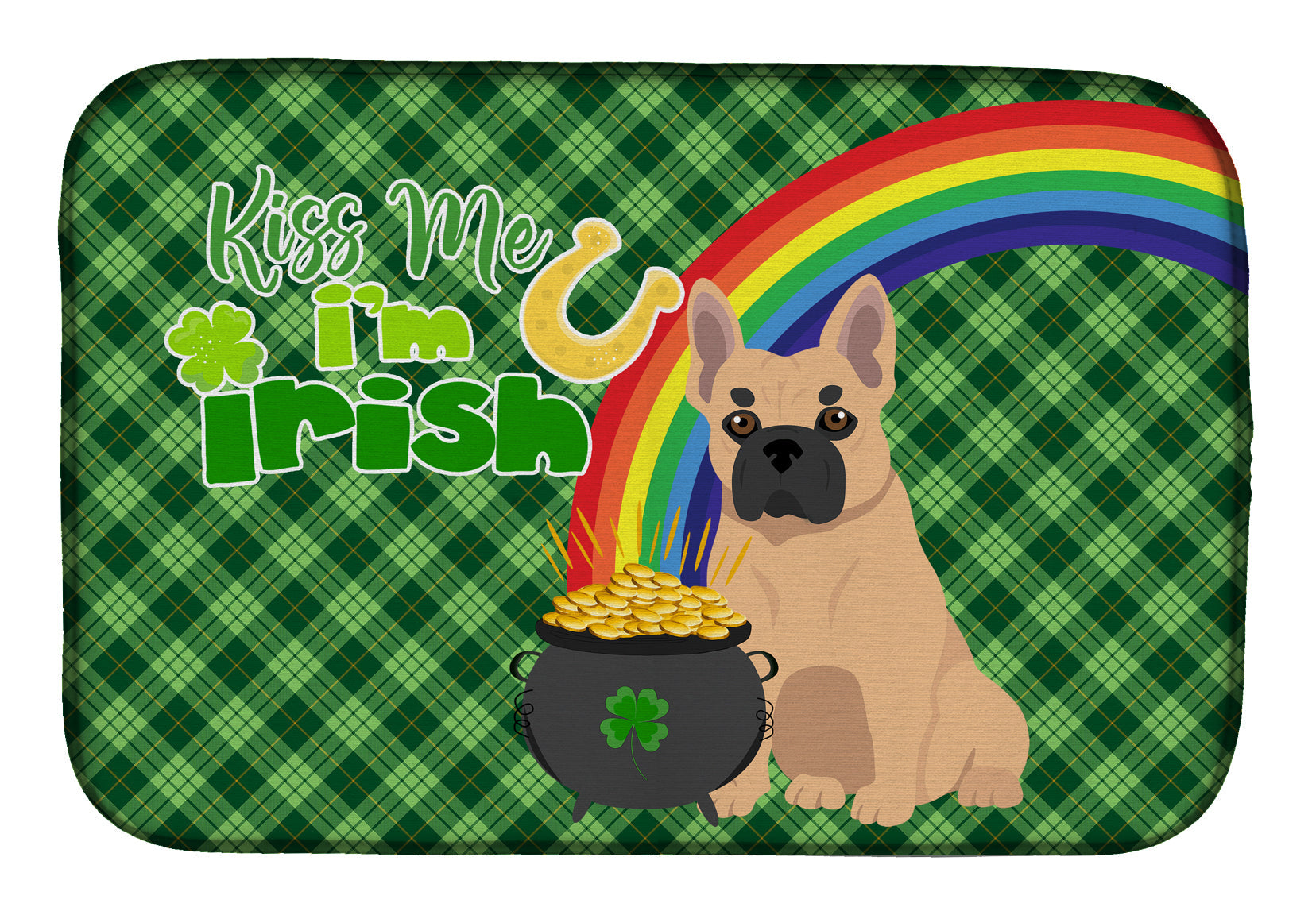Fawn French Bulldog St. Patrick's Day Dish Drying Mat Absorbent Dish Drying Mat Pad for Kitchen Counter Dish Drainer Mat for Countertop, 14 x 21", Multicolor