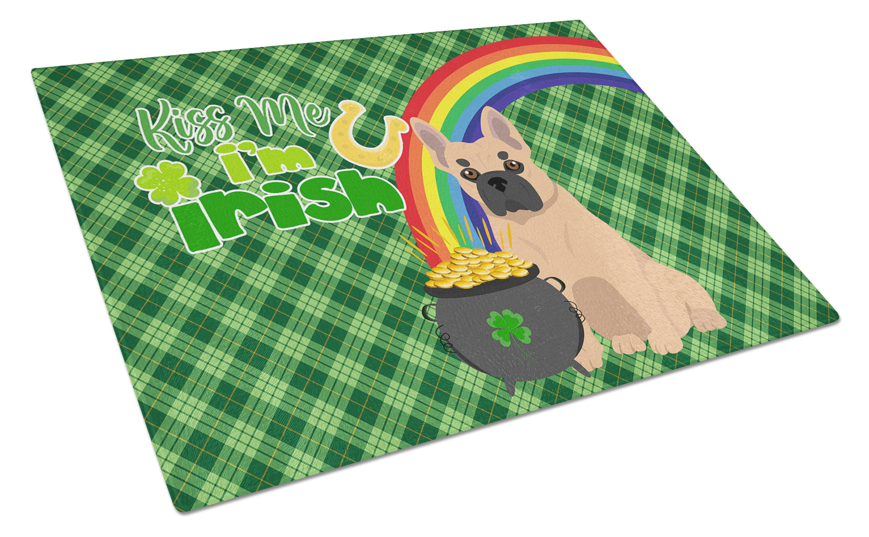 Fawn French Bulldog St. Patrick's Day Cutting Board Tempered Glass Kitchen Cutting Surface, Heat Resistant Chopping, Non-Slip Feet, Food Prep & Serving