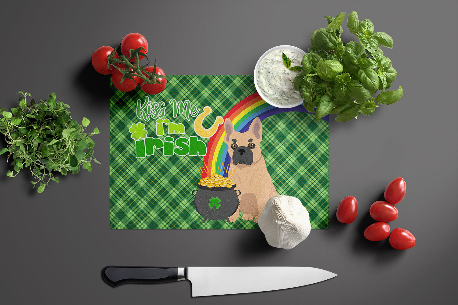 Fawn French Bulldog St. Patrick's Day Cutting Board Tempered Glass Kitchen Cutting Surface, Heat Resistant Chopping, Non-Slip Feet, Food Prep & Serving