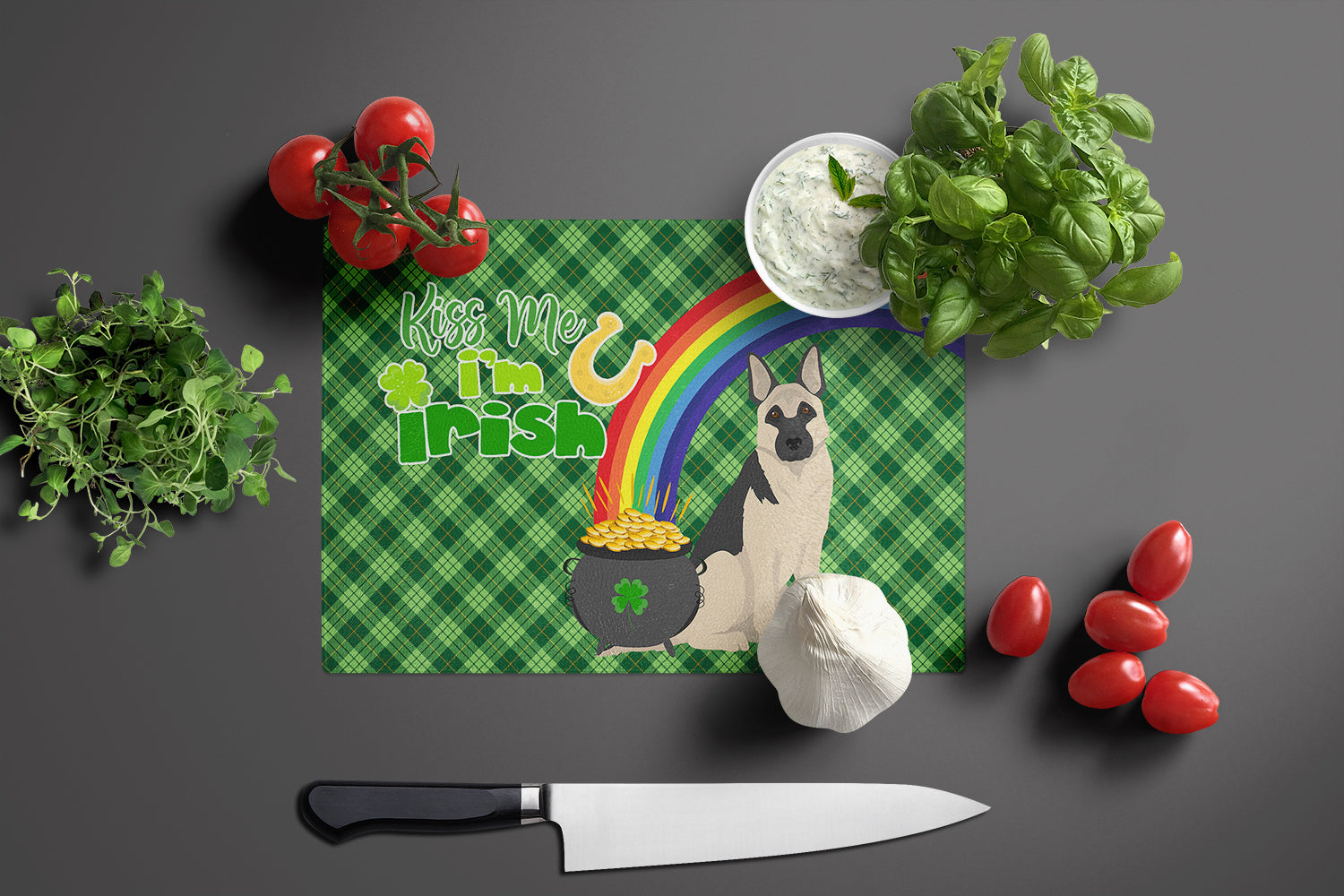 Black and Silver German Shepherd St. Patrick's Day Cutting Board Tempered Glass Kitchen Cutting Surface, Heat Resistant Chopping, Non-Slip Feet, Food Prep & Serving