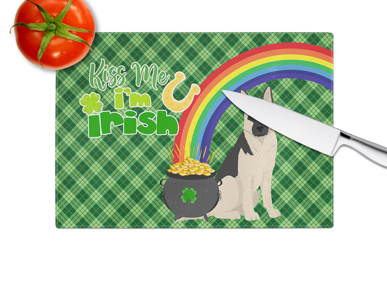 Black and Silver German Shepherd St. Patrick's Day Cutting Board Tempered Glass Kitchen Cutting Surface, Heat Resistant Chopping, Non-Slip Feet, Food Prep & Serving