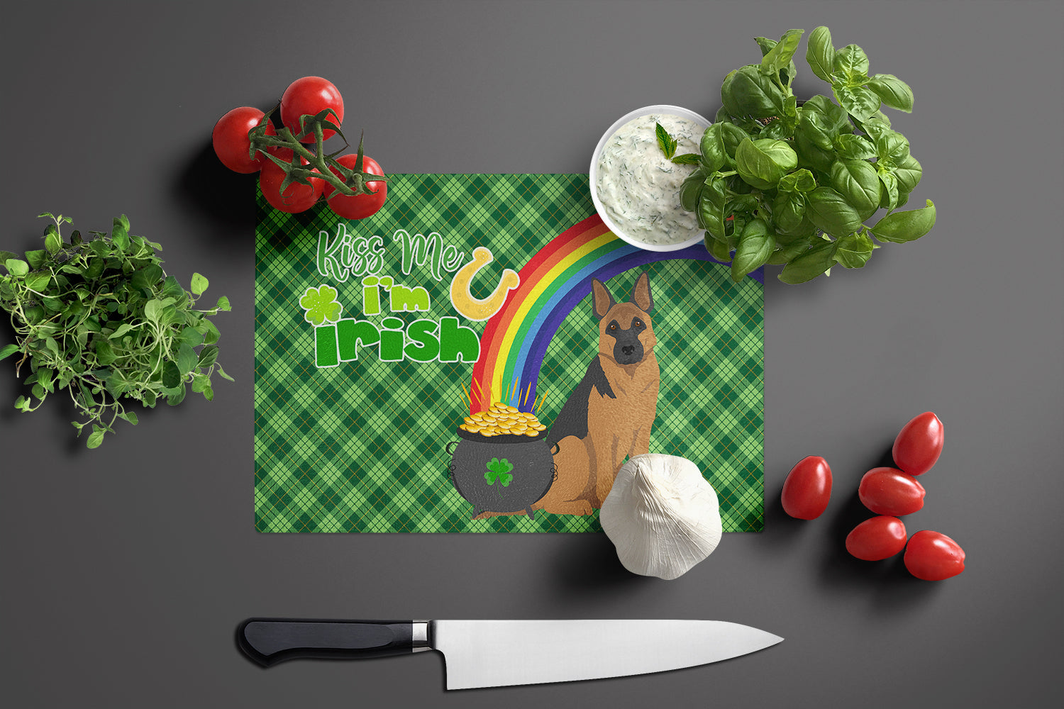 Black and Tan German Shepherd St. Patrick's Day Cutting Board Tempered Glass Kitchen Cutting Surface, Heat Resistant Chopping, Non-Slip Feet, Food Prep & Serving