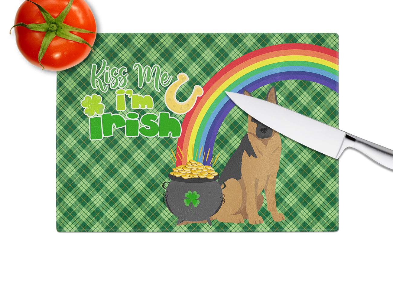 Black and Tan German Shepherd St. Patrick's Day Cutting Board Tempered Glass Kitchen Cutting Surface, Heat Resistant Chopping, Non-Slip Feet, Food Prep & Serving