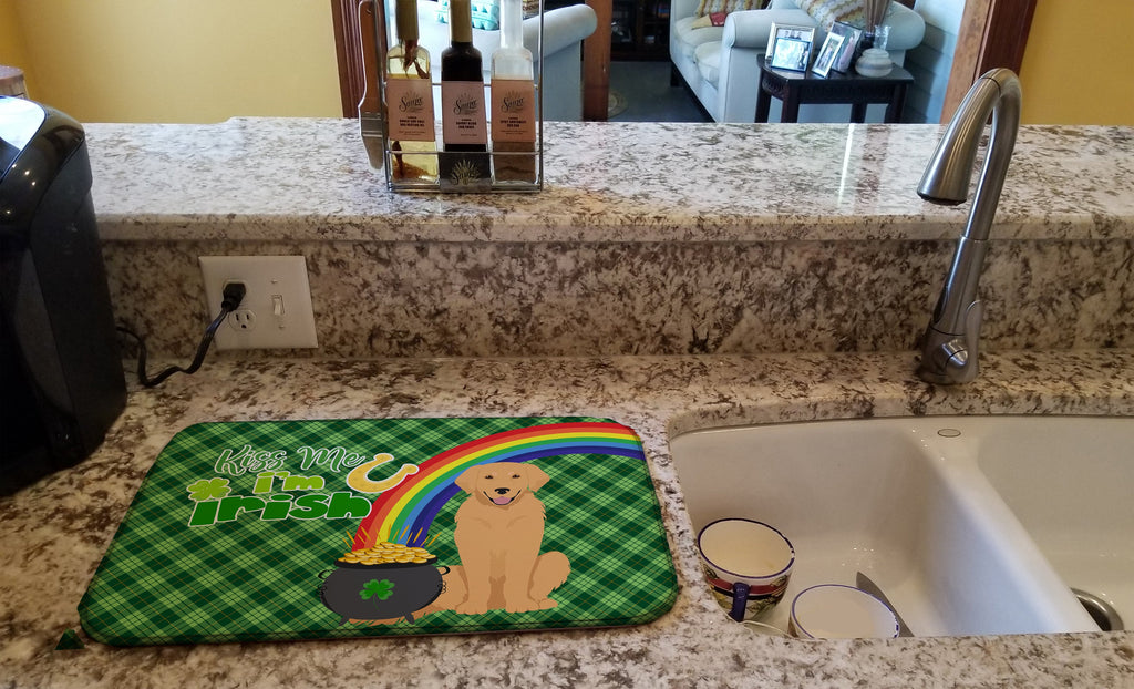Gold Golden Retriever St. Patrick's Day Dish Drying Mat Absorbent Dish Drying Mat Pad for Kitchen Counter Dish Drainer Mat for Countertop, 14 x 21", Multicolor