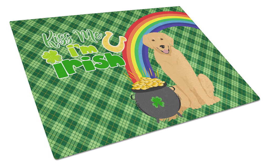 Gold Golden Retriever St. Patrick's Day Cutting Board Tempered Glass Kitchen Cutting Surface, Heat Resistant Chopping, Non-Slip Feet, Food Prep & Serving