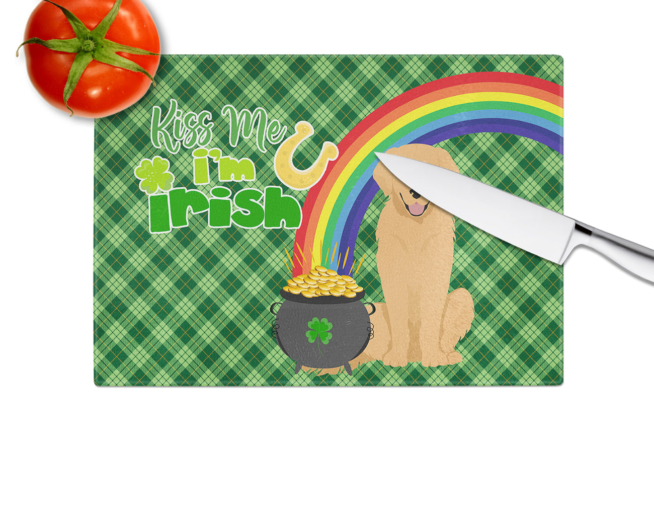 Gold Golden Retriever St. Patrick's Day Cutting Board Tempered Glass Kitchen Cutting Surface, Heat Resistant Chopping, Non-Slip Feet, Food Prep & Serving