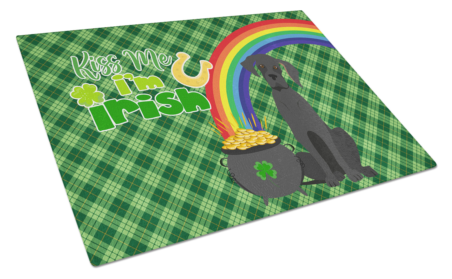 Black Great Dane St. Patrick's Day Cutting Board Tempered Glass Kitchen Cutting Surface, Heat Resistant Chopping, Non-Slip Feet, Food Prep & Serving