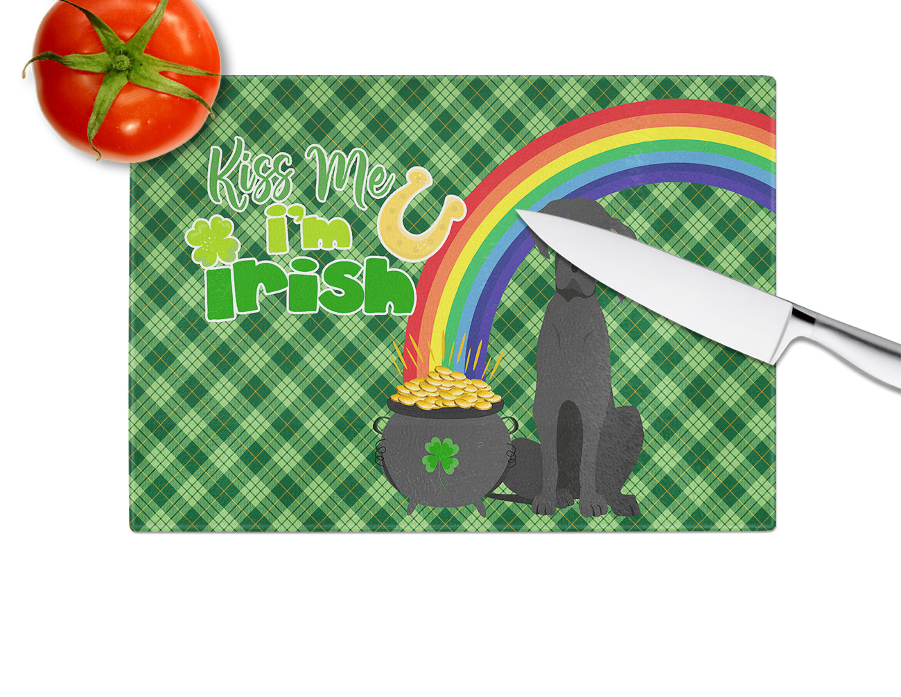 Black Great Dane St. Patrick's Day Cutting Board Tempered Glass Kitchen Cutting Surface, Heat Resistant Chopping, Non-Slip Feet, Food Prep & Serving