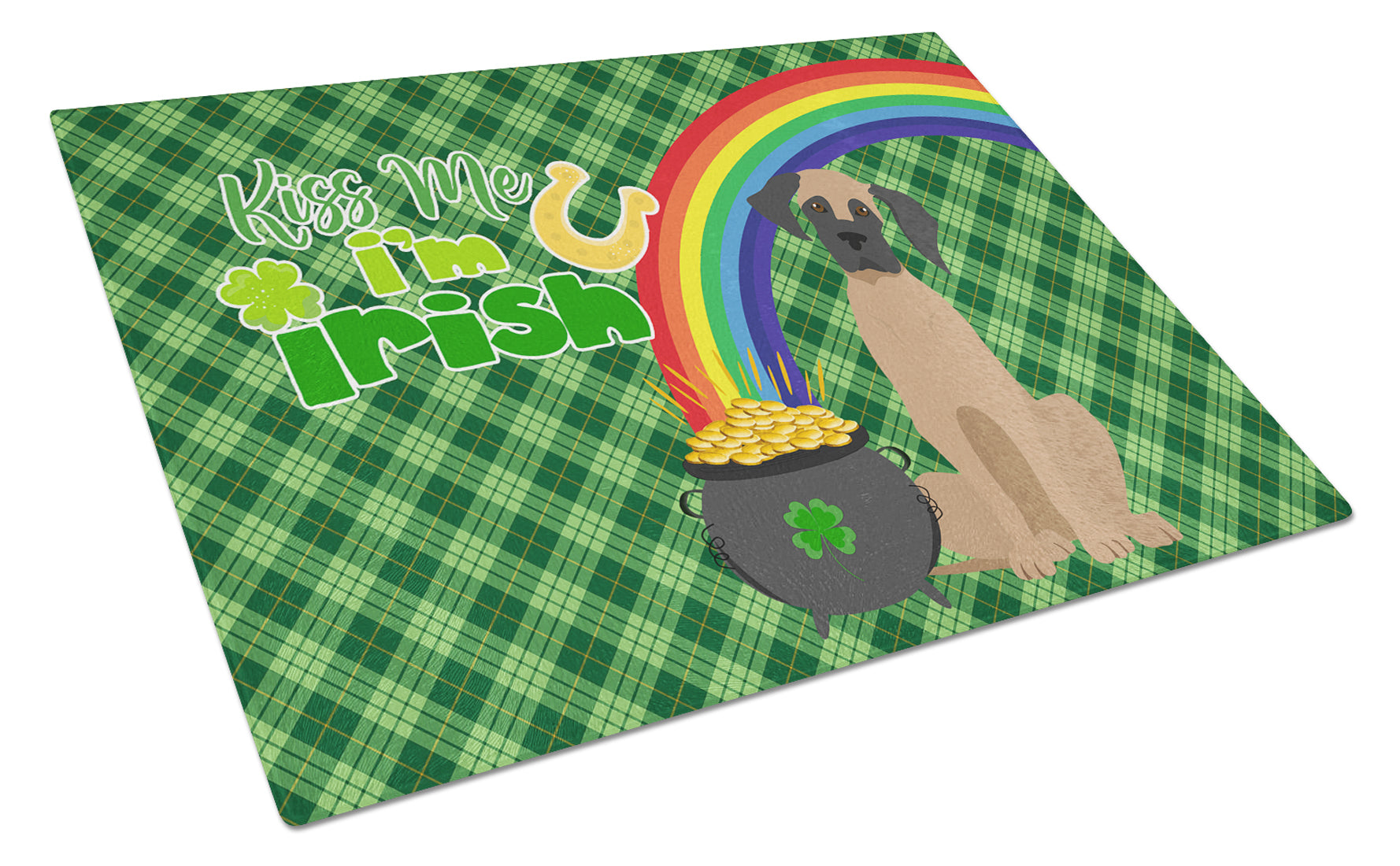 Fawn Great Dane St. Patrick's Day Cutting Board Tempered Glass Kitchen Cutting Surface, Heat Resistant Chopping, Non-Slip Feet, Food Prep & Serving