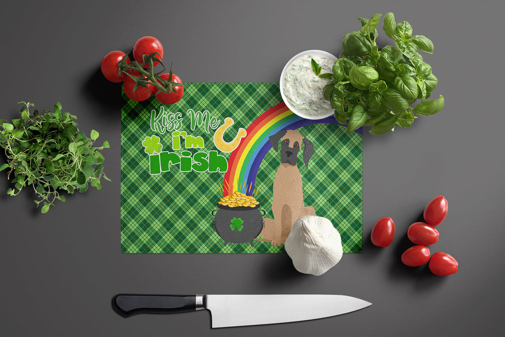 Fawn Great Dane St. Patrick's Day Cutting Board Tempered Glass Kitchen Cutting Surface, Heat Resistant Chopping, Non-Slip Feet, Food Prep & Serving