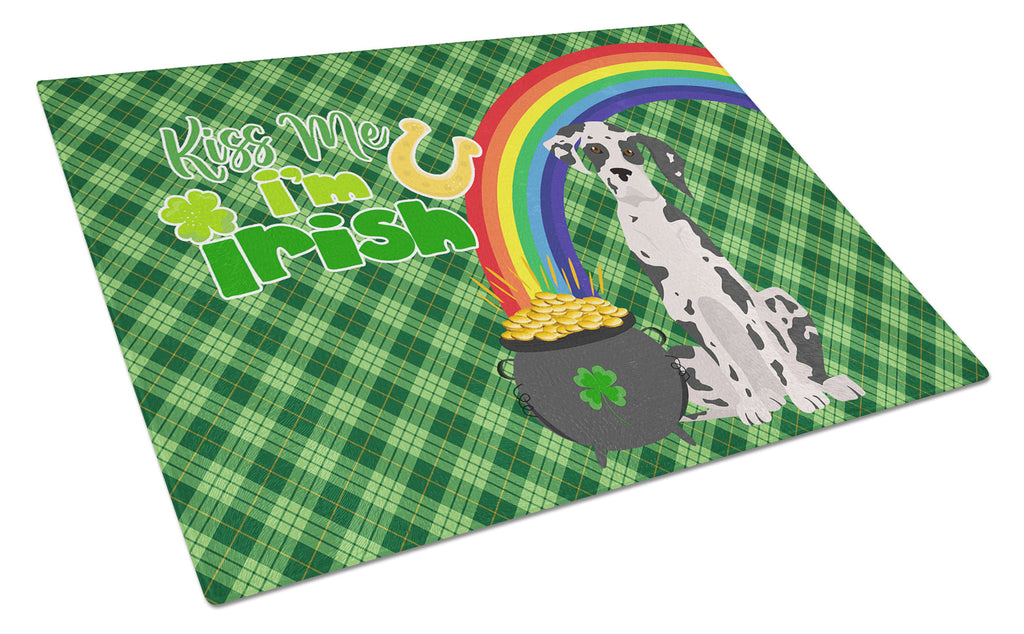 Harlequin Great Dane St. Patrick's Day Cutting Board Tempered Glass Kitchen Cutting Surface, Heat Resistant Chopping, Non-Slip Feet, Food Prep & Serving