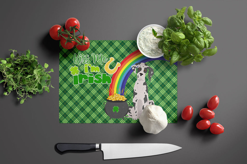 Harlequin Great Dane St. Patrick's Day Cutting Board Tempered Glass Kitchen Cutting Surface, Heat Resistant Chopping, Non-Slip Feet, Food Prep & Serving