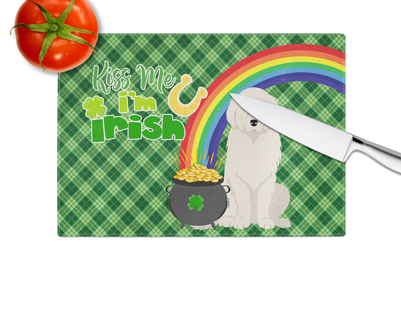 Great Pyrenees St. Patrick's Day Cutting Board Tempered Glass Kitchen Cutting Surface, Heat Resistant Chopping, Non-Slip Feet, Food Prep & Serving