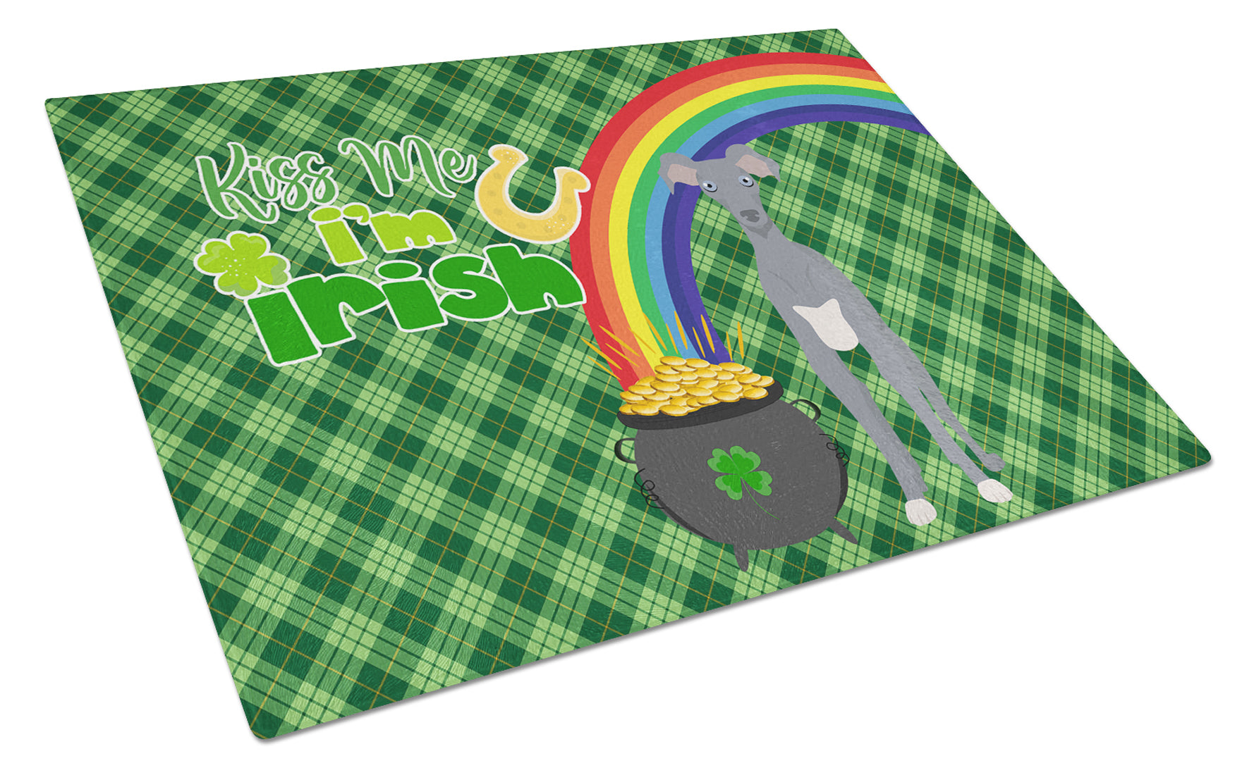 Gray Italian Greyhound St. Patrick's Day Cutting Board Tempered Glass Kitchen Cutting Surface, Heat Resistant Chopping, Non-Slip Feet, Food Prep & Serving