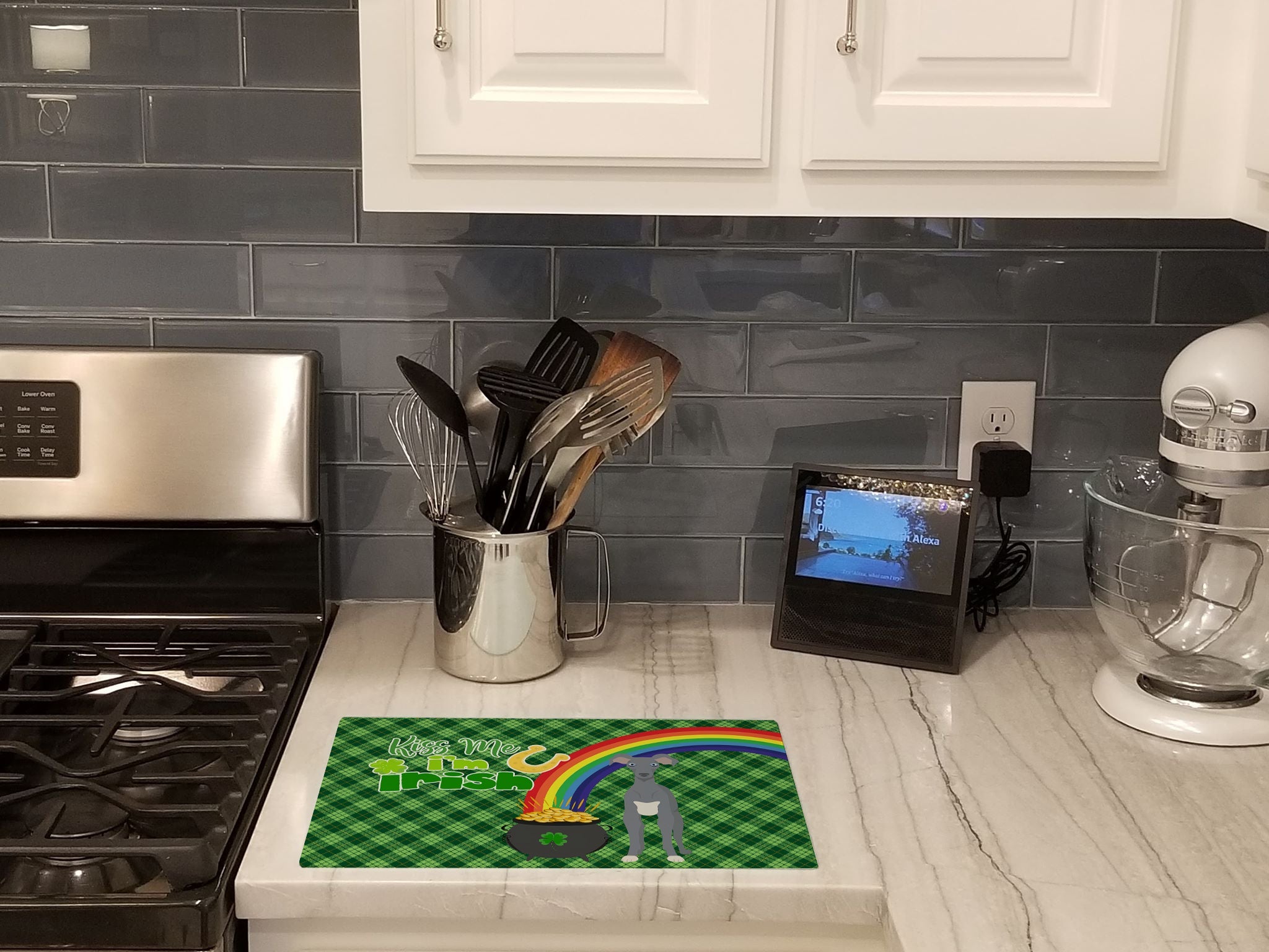 Gray Italian Greyhound St. Patrick's Day Cutting Board Tempered Glass Kitchen Cutting Surface, Heat Resistant Chopping, Non-Slip Feet, Food Prep & Serving