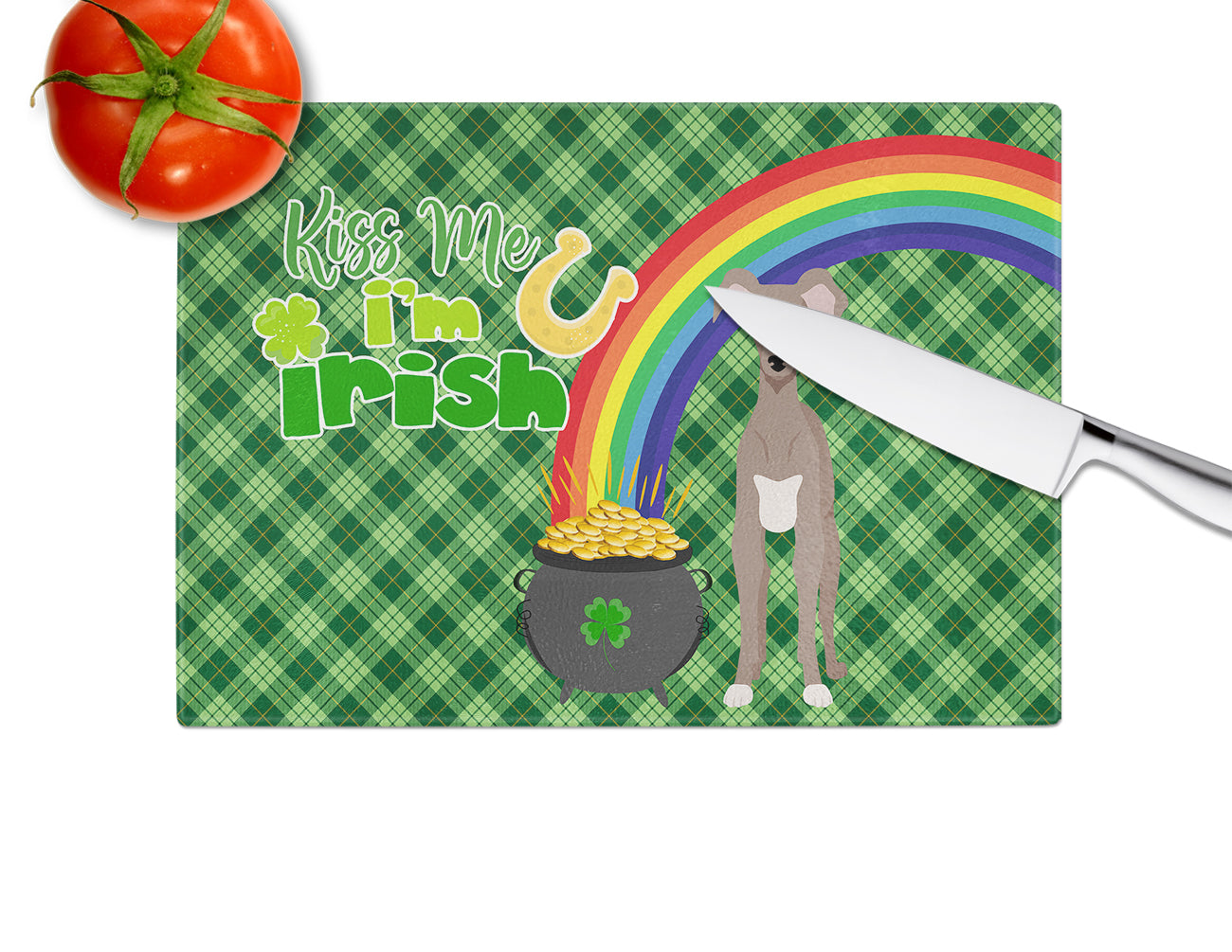 Fawn Italian Greyhound St. Patrick's Day Cutting Board Tempered Glass Kitchen Cutting Surface, Heat Resistant Chopping, Non-Slip Feet, Food Prep & Serving