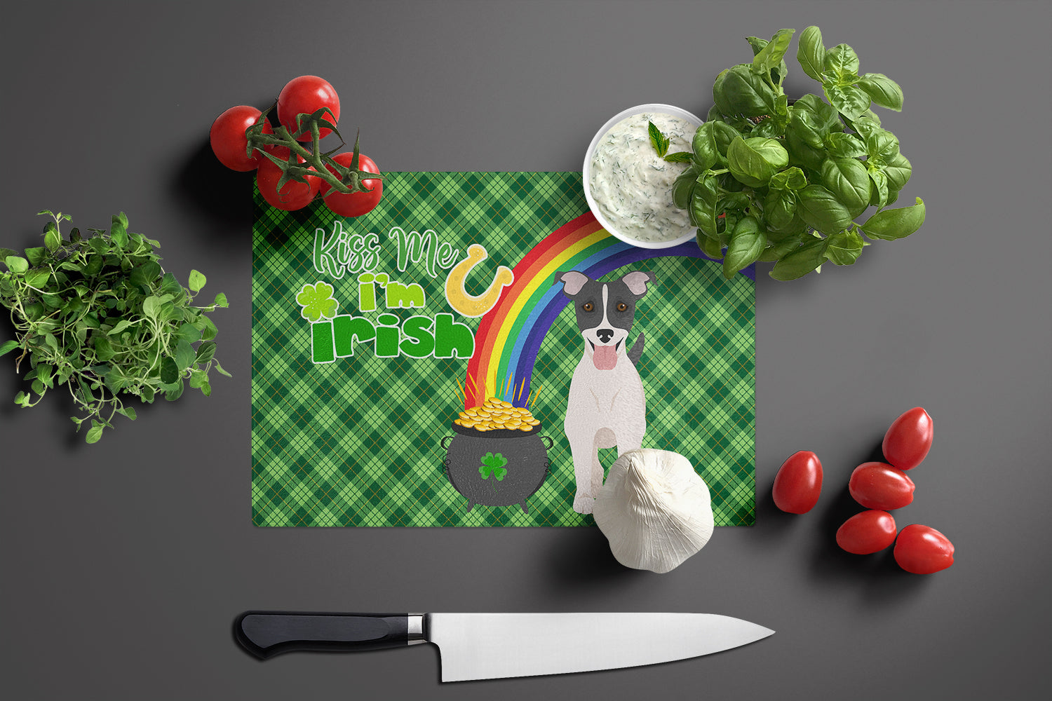 Black White Smooth Jack Russell Terrier St. Patrick's Day Cutting Board Tempered Glass Kitchen Cutting Surface, Heat Resistant Chopping, Non-Slip Feet, Food Prep & Serving
