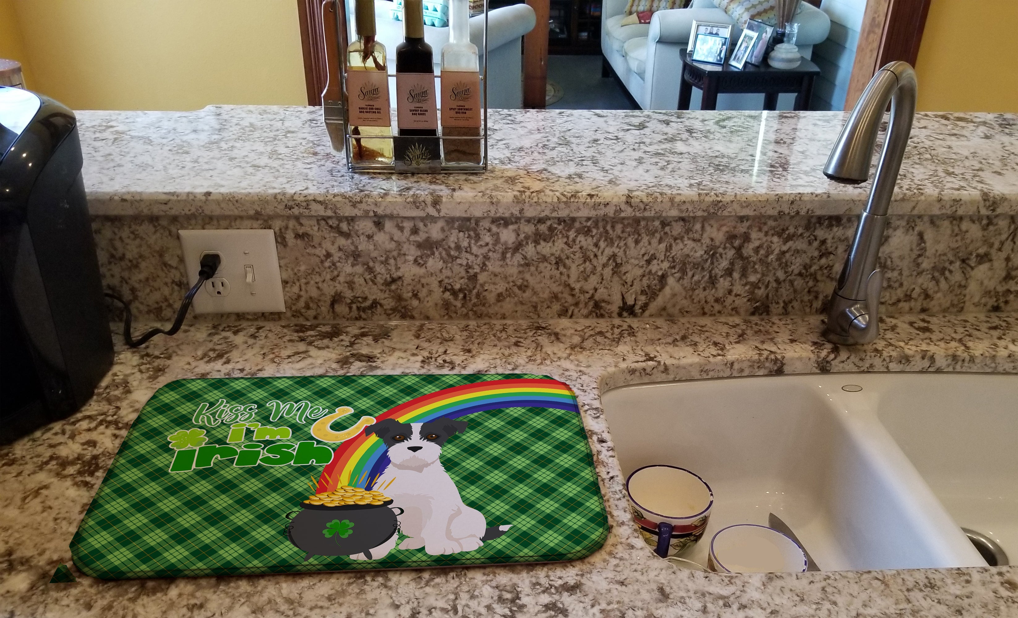 Black White Wirehair Jack Russell Terrier St. Patrick's Day Dish Drying Mat Absorbent Dish Drying Mat Pad for Kitchen Counter Dish Drainer Mat for Countertop, 14 x 21", Multicolor