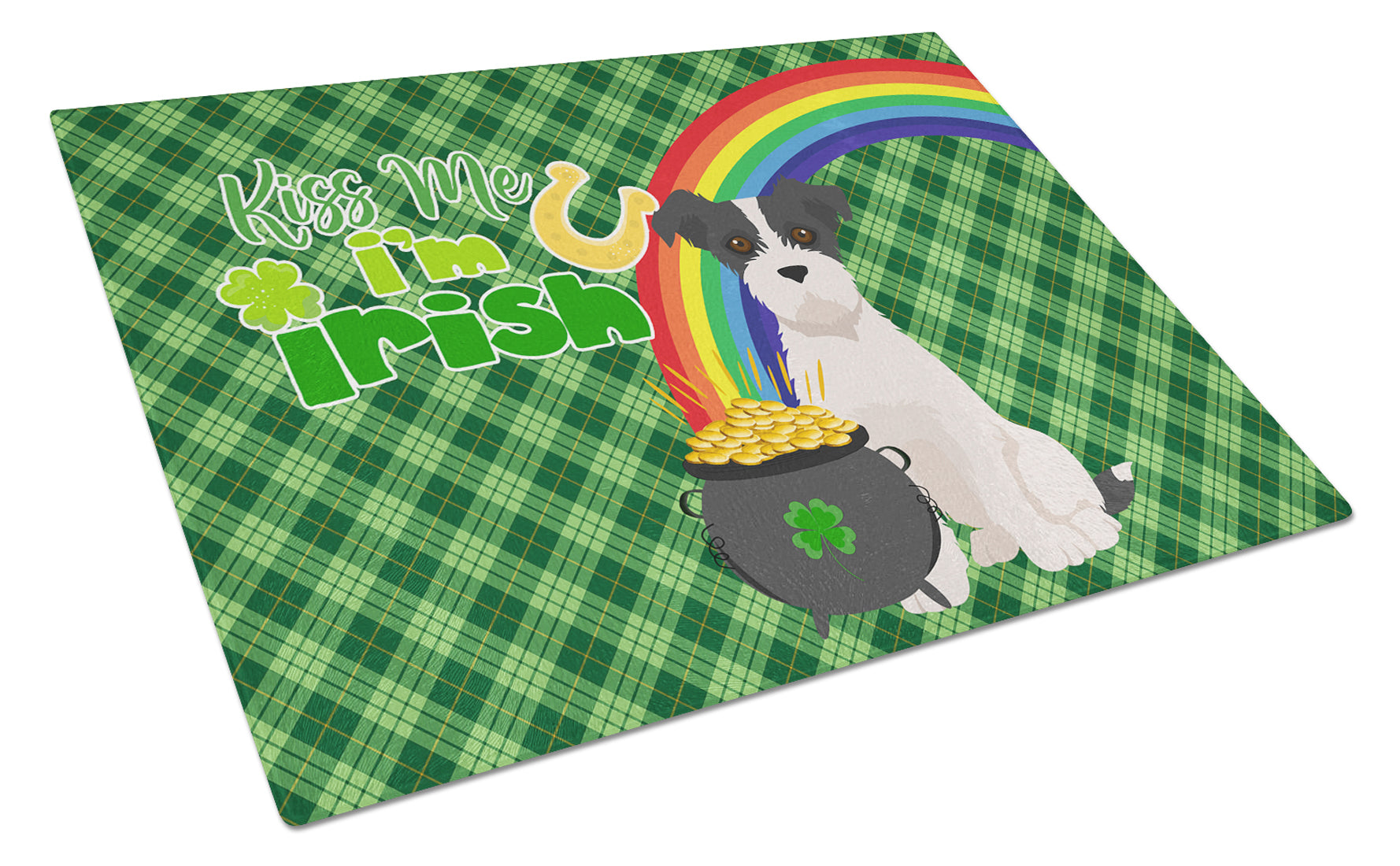Black White Wirehair Jack Russell Terrier St. Patrick's Day Cutting Board Tempered Glass Kitchen Cutting Surface, Heat Resistant Chopping, Non-Slip Feet, Food Prep & Serving