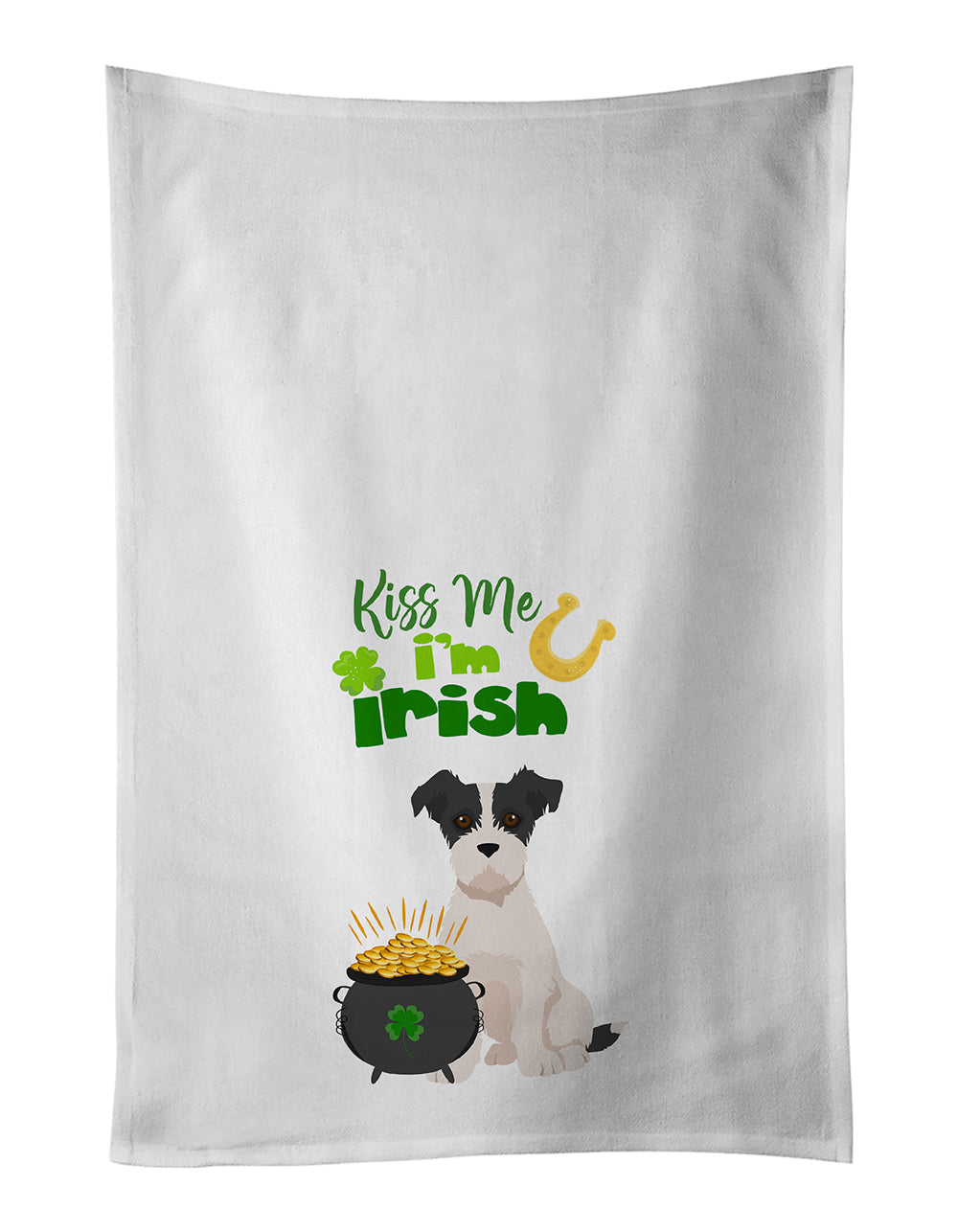 Black White Wirehair Jack Russell Terrier St. Patrick's Day Kitchen Towel Set of 2 White Dish Towels Decorative Bathroom Hand towel for Hand, Face, Hair, Yoga, Tea, Dishcloth, 19 X 28", White