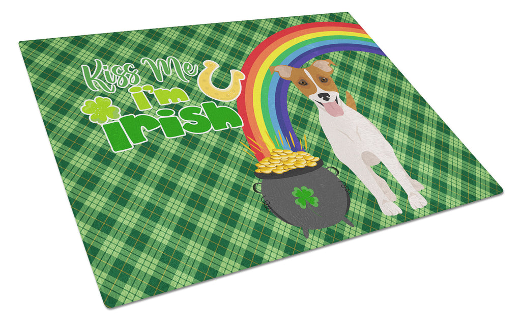 Brown White Smooth Jack Russell Terrier St. Patrick's Day Cutting Board Tempered Glass Kitchen Cutting Surface, Heat Resistant Chopping, Non-Slip Feet, Food Prep & Serving