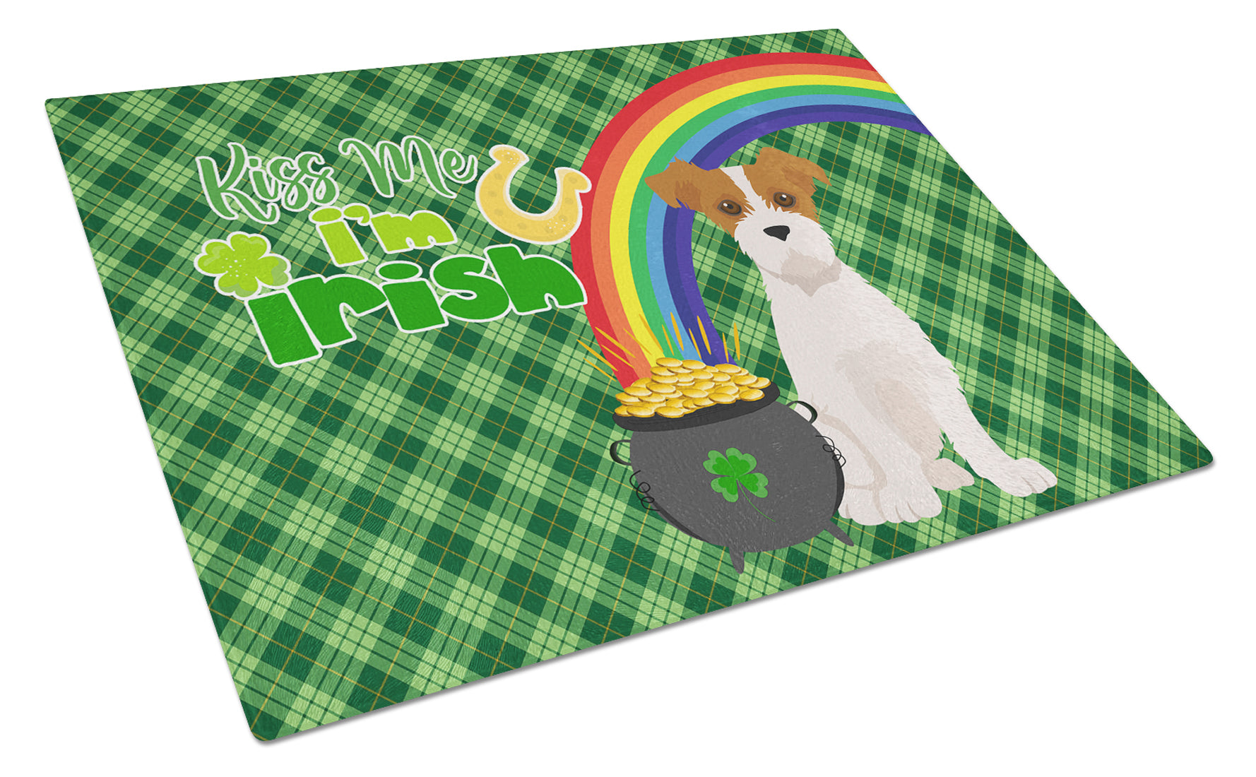 Brown White Wirehair Jack Russell Terrier St. Patrick's Day Cutting Board Tempered Glass Kitchen Cutting Surface, Heat Resistant Chopping, Non-Slip Feet, Food Prep & Serving