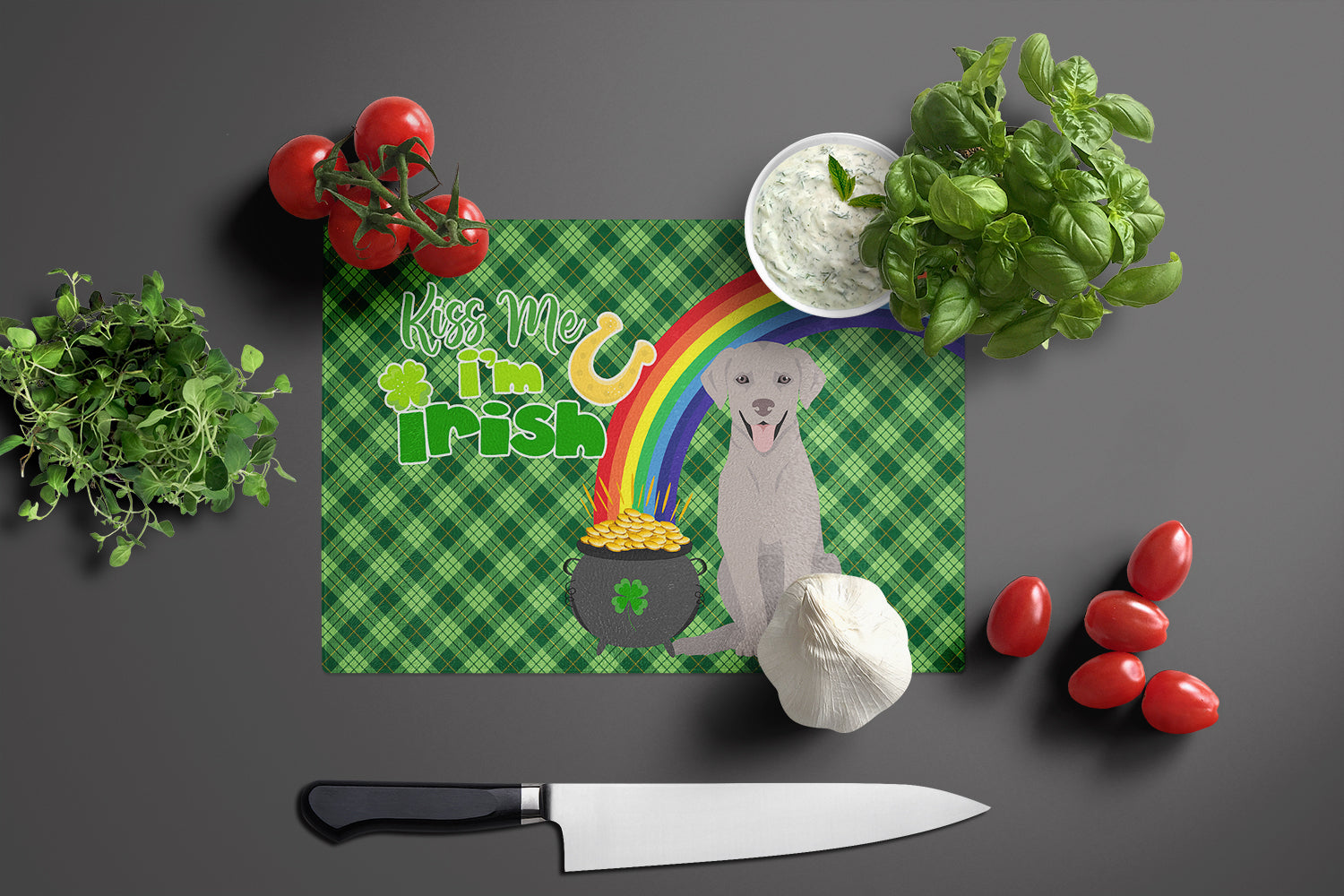 Gray Labrador Retriever St. Patrick's Day Cutting Board Tempered Glass Kitchen Cutting Surface, Heat Resistant Chopping, Non-Slip Feet, Food Prep & Serving