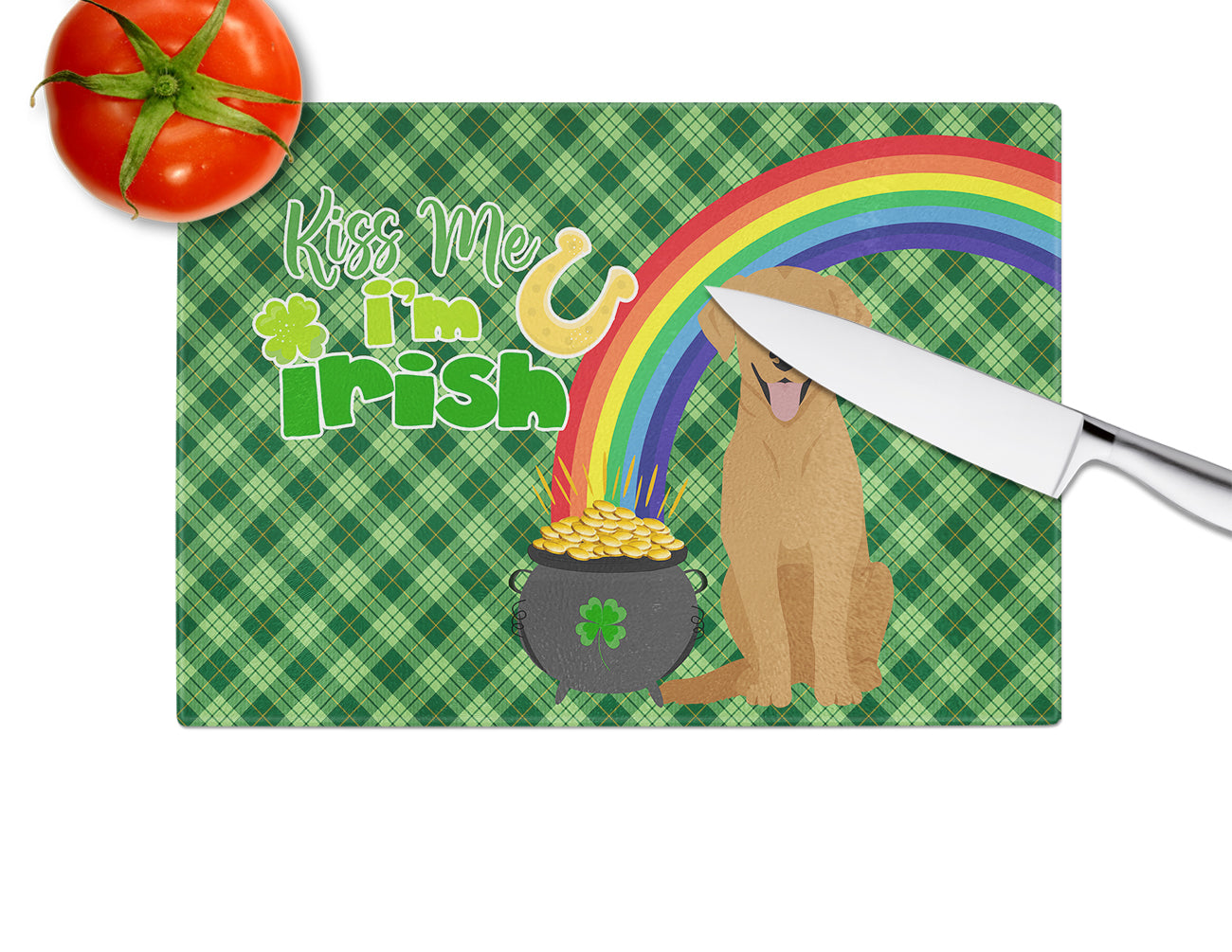 Red Fox Labrador Retriever St. Patrick's Day Cutting Board Tempered Glass Kitchen Cutting Surface, Heat Resistant Chopping, Non-Slip Feet, Food Prep & Serving