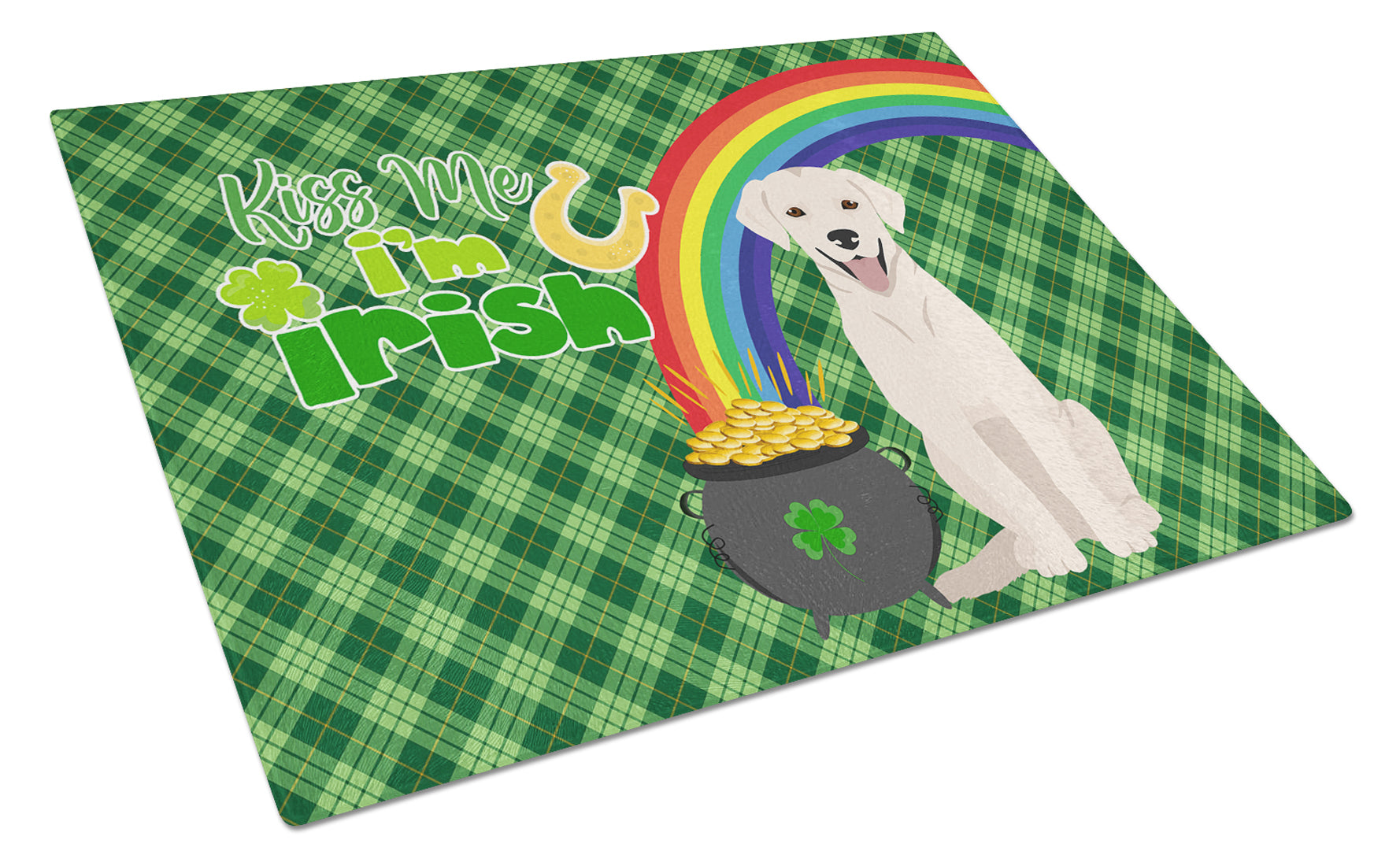 White Cream Labrador Retriever St. Patrick's Day Cutting Board Tempered Glass Kitchen Cutting Surface, Heat Resistant Chopping, Non-Slip Feet, Food Prep & Serving