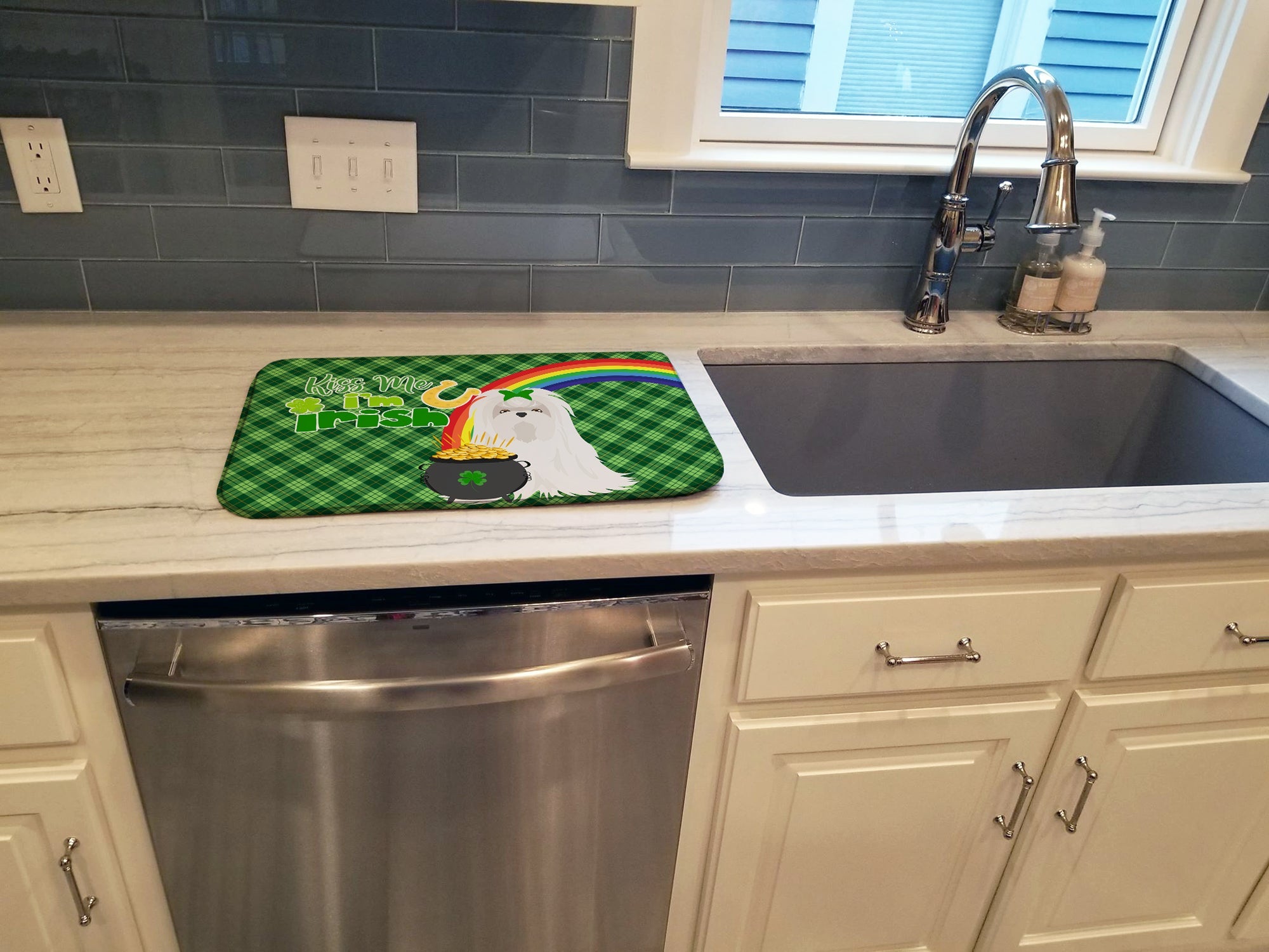 Maltese St. Patrick's Day Dish Drying Mat Absorbent Dish Drying Mat Pad for Kitchen Counter Dish Drainer Mat for Countertop, 14 x 21", Multicolor