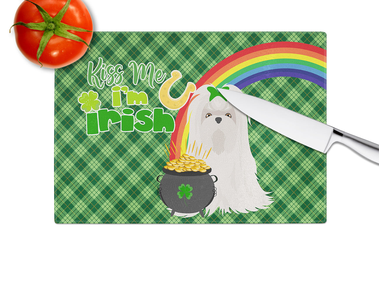 Maltese St. Patrick's Day Cutting Board Tempered Glass Kitchen Cutting Surface, Heat Resistant Chopping, Non-Slip Feet, Food Prep & Serving